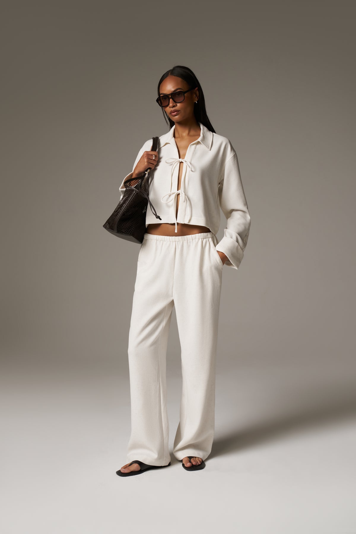 TEXTURED LINEN TIE FRONT SHIRT - BEIGE