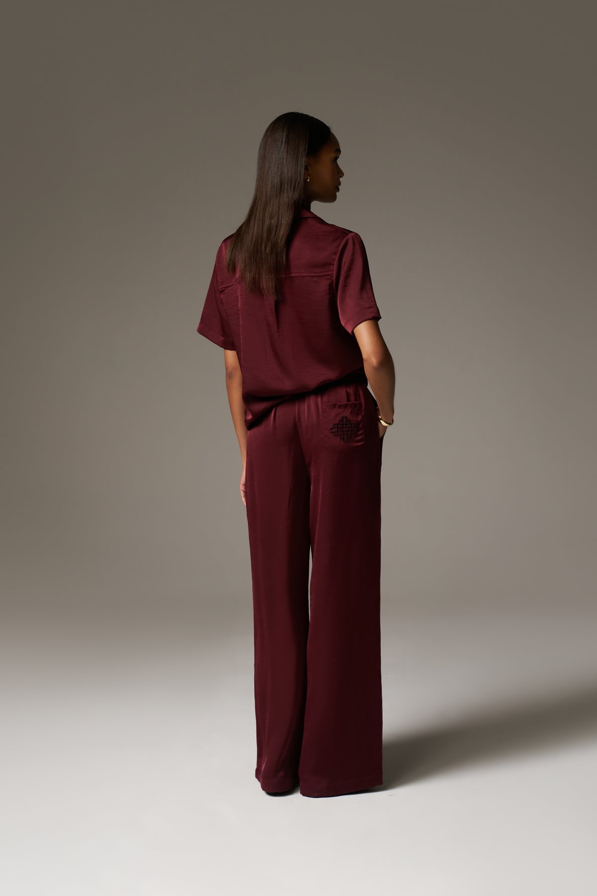 SATIN WIDE LEG EMBLEM TROUSERS - BURGUNDY