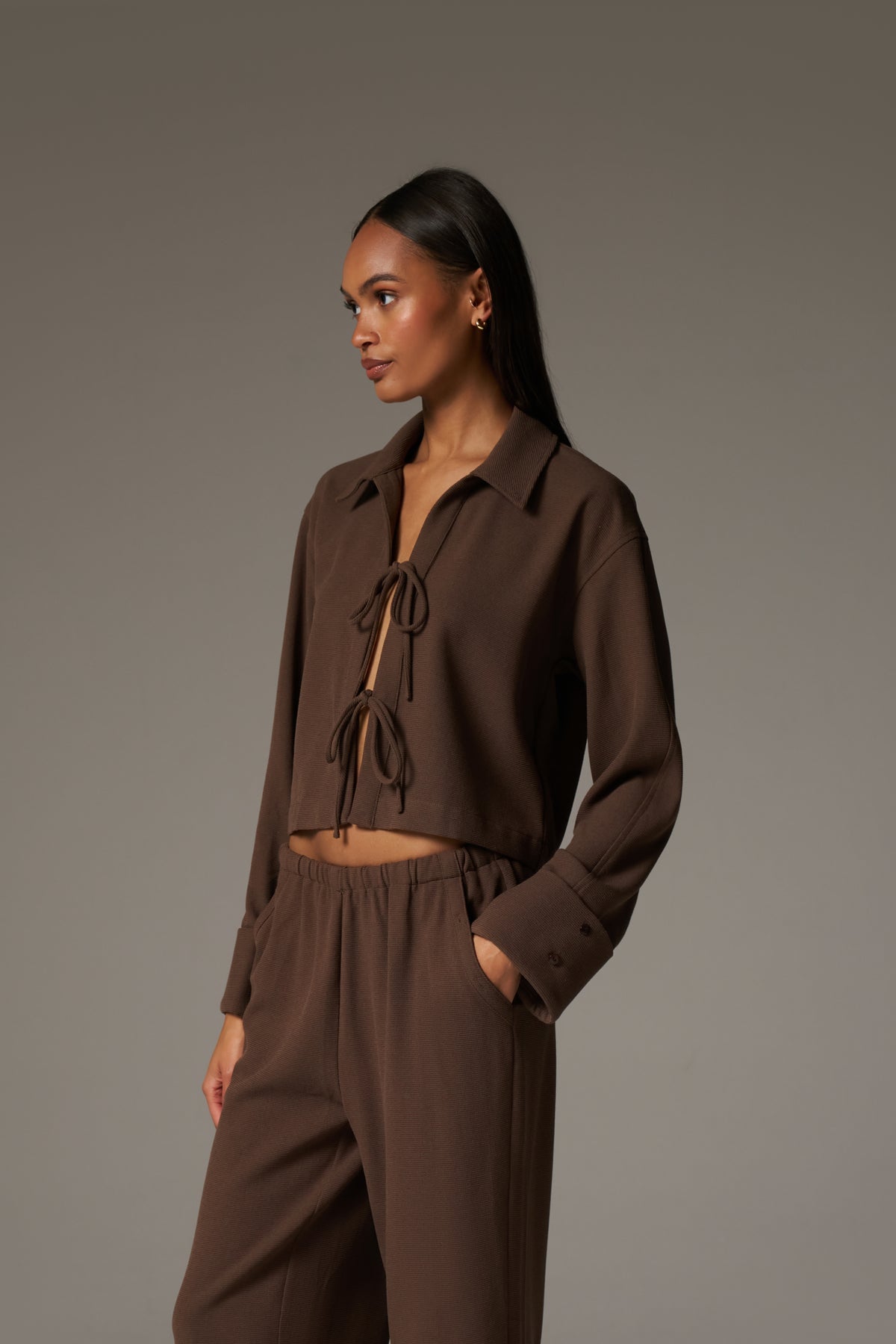 TEXTURED LINEN TIE FRONT SHIRT - BROWN