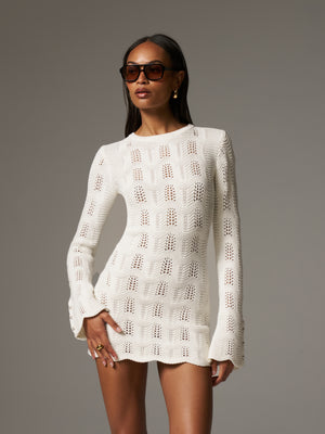 Scallop Edge Knitted Mini Dress - Off White - L - The Couture Club Scallop Edge Knitted Mini Dress - Off White - L - The Couture Club