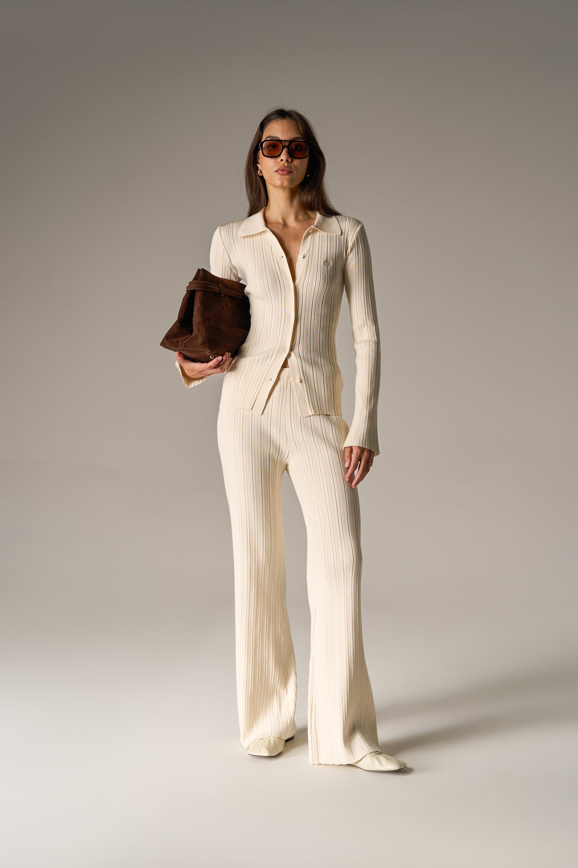 RIBBED KNITTED LONG SLEEVE TOP - CREAM