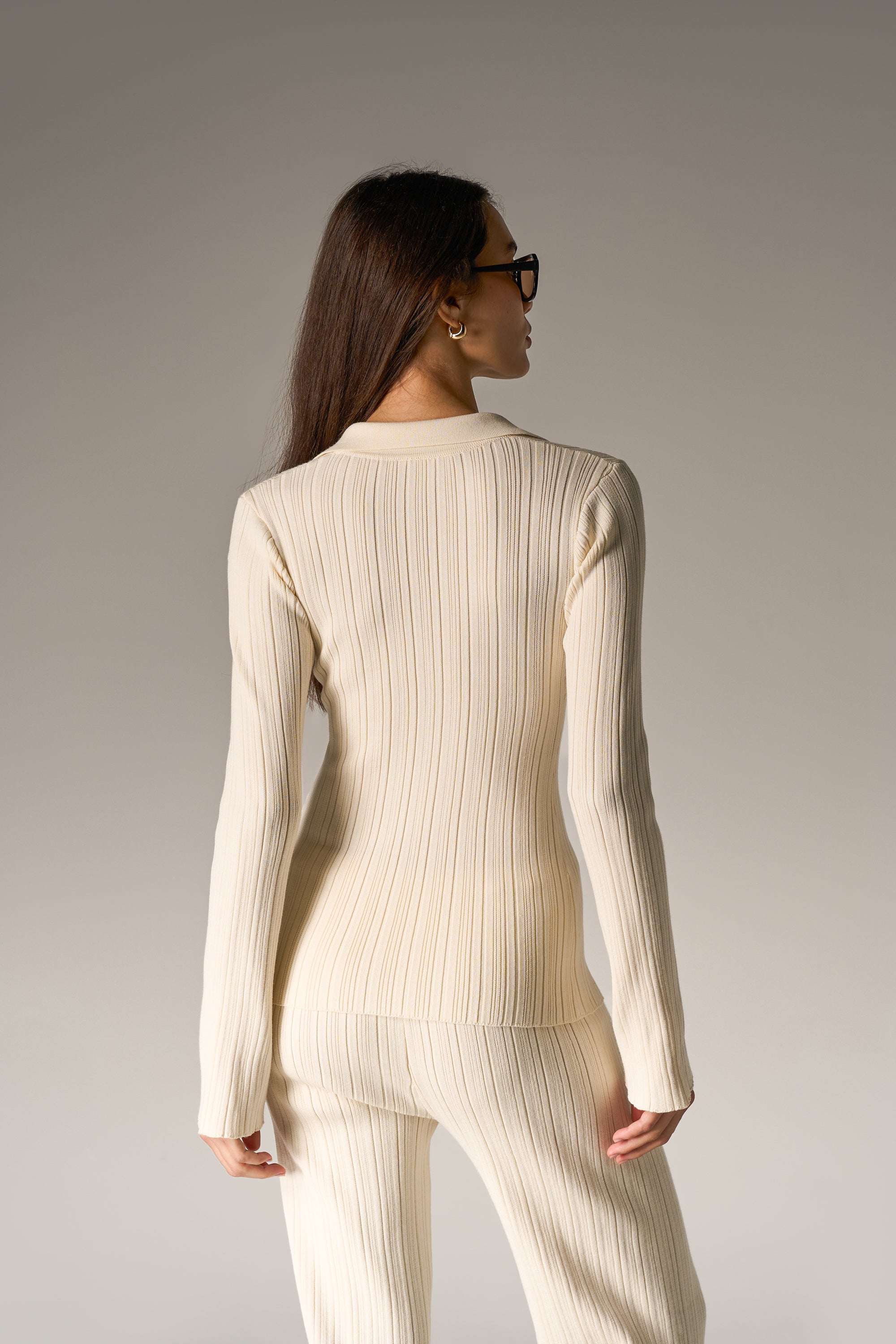 RIBBED KNITTED LONG SLEEVE TOP - CREAM