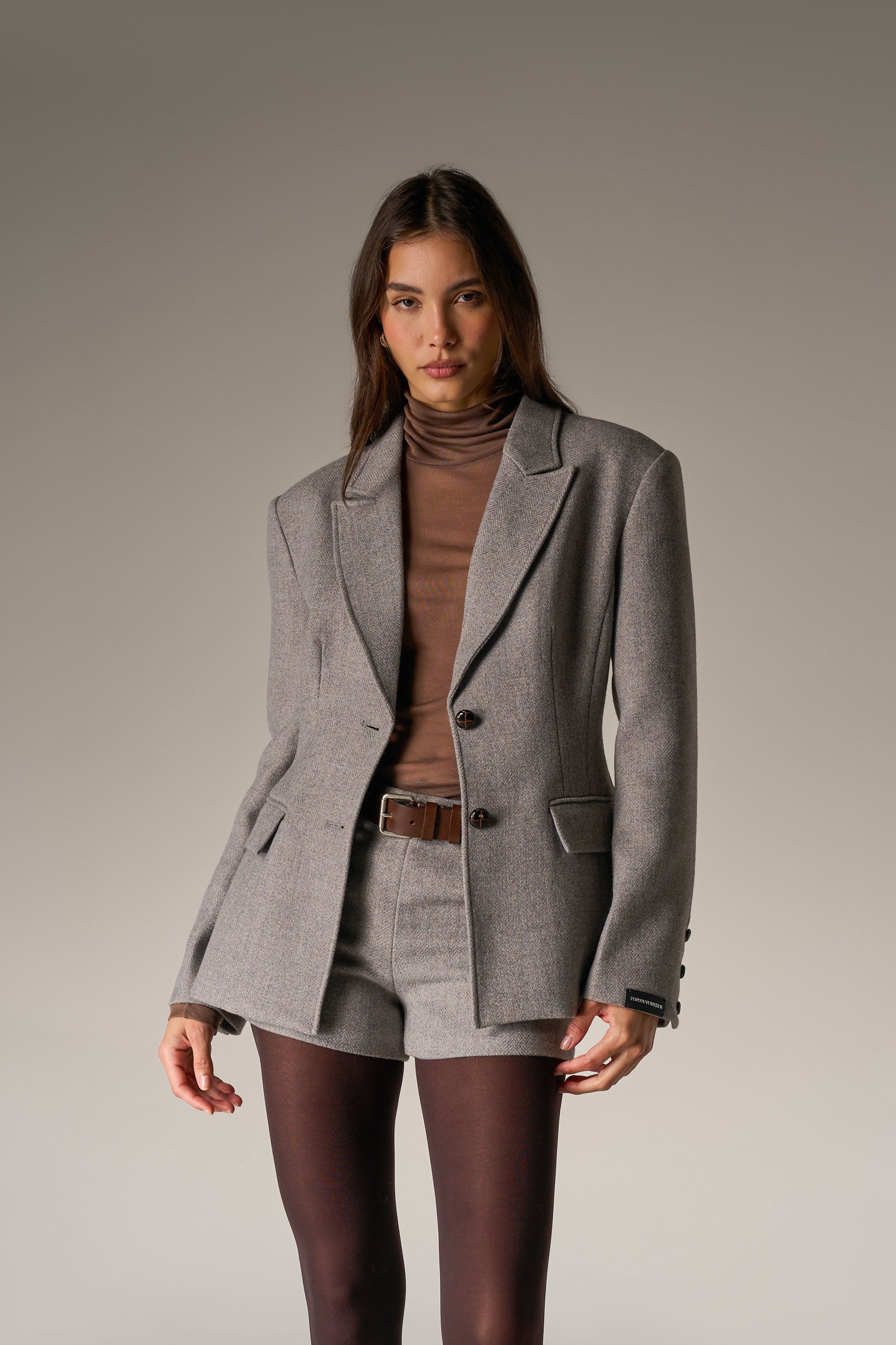 HERRINGBONE CINCHED WAIST TAILORED BLAZER - GREY