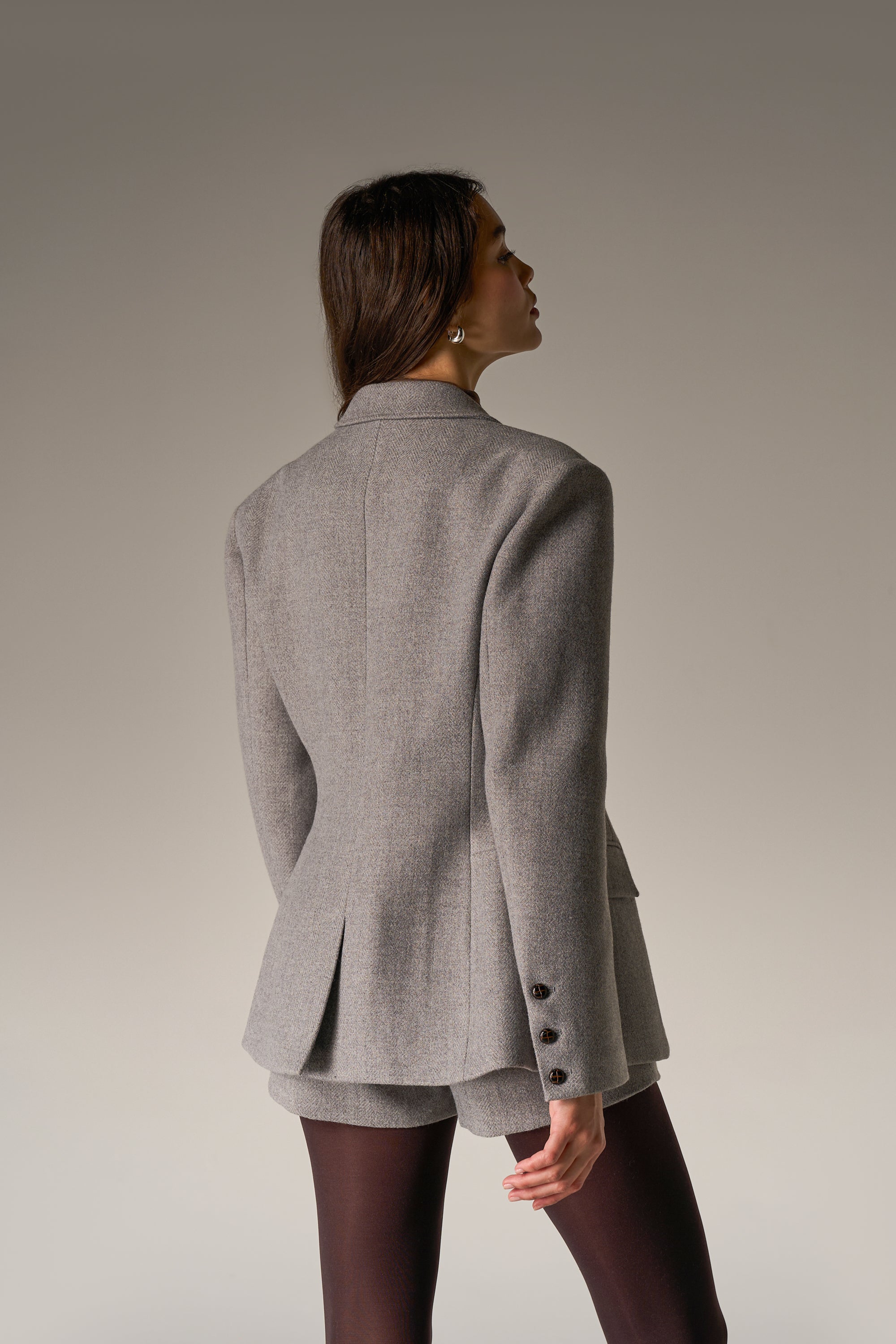 HERRINGBONE CINCHED WAIST TAILORED BLAZER - GREY