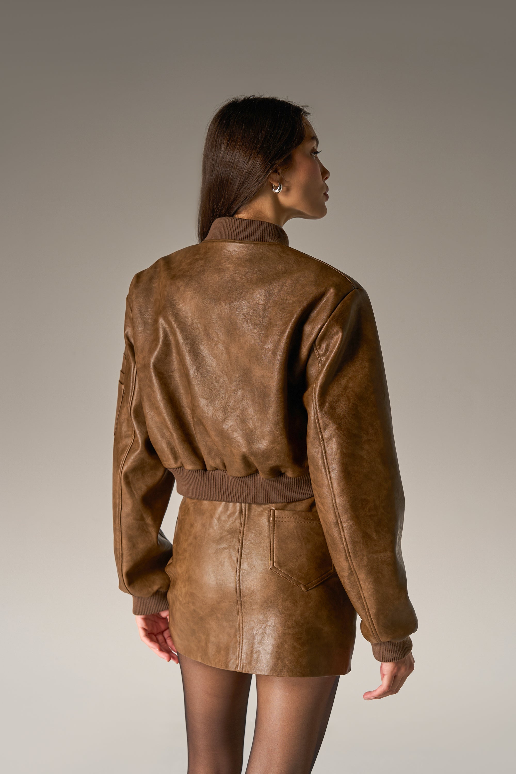 FAUX LEATHER SHOULDER PADDED BOMBER JACKET - WASHED BROWN