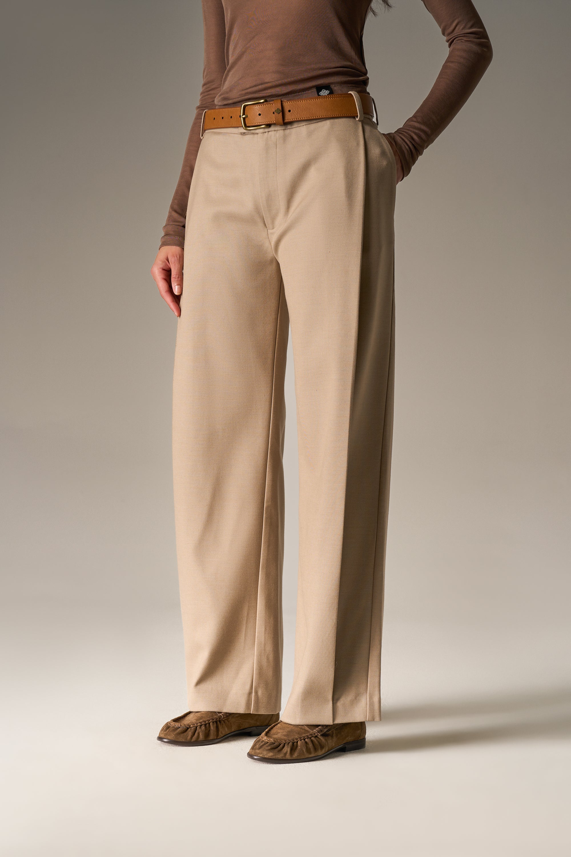 SIDE PLEAT WIDE LEG TAILORED TROUSERS - BEIGE