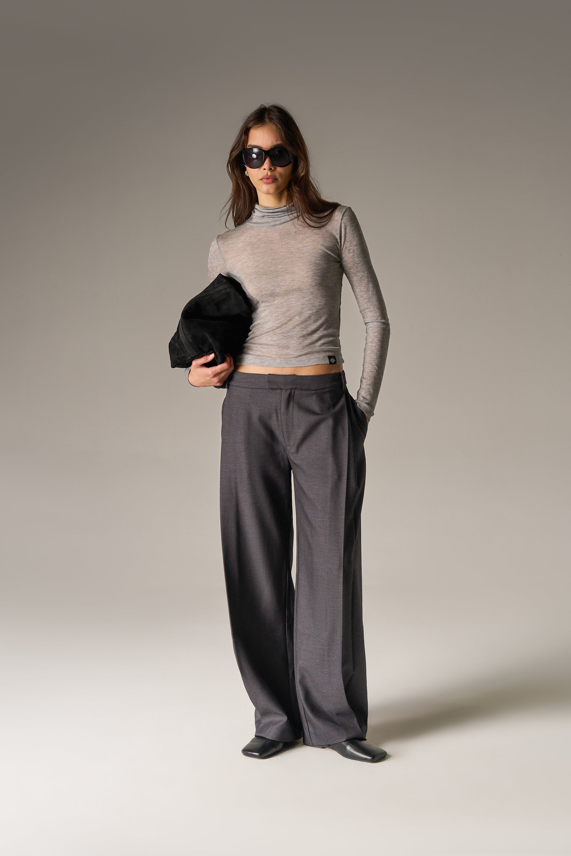 SIDE PLEAT WIDE LEG TAILORED TROUSERS - GREY