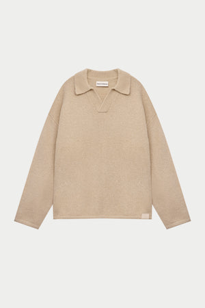 BOUCLE KNIT LONG SLEEVE POLO - STONE