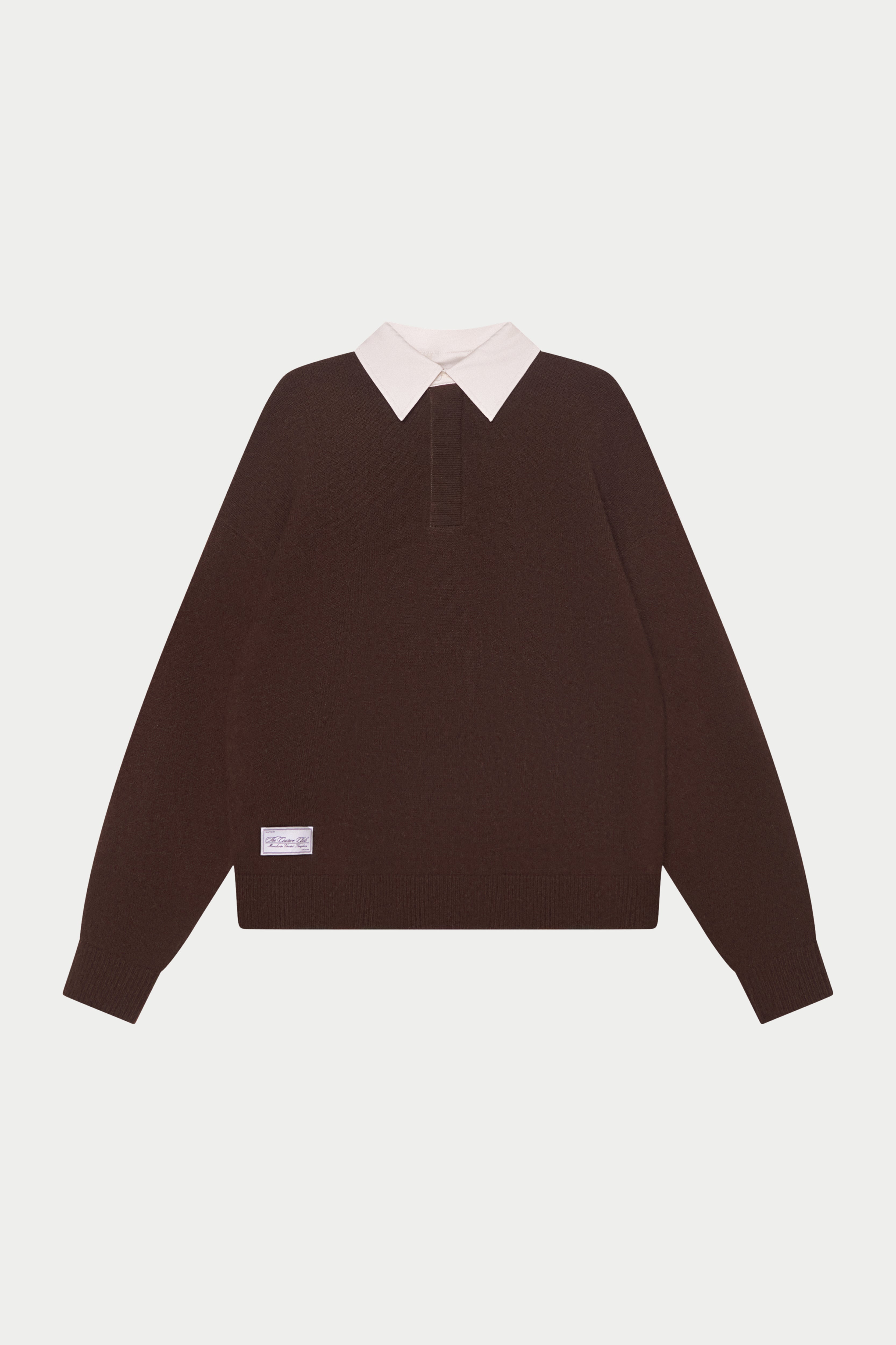 CONTRAST COLLAR KNIT CREW - BROWN