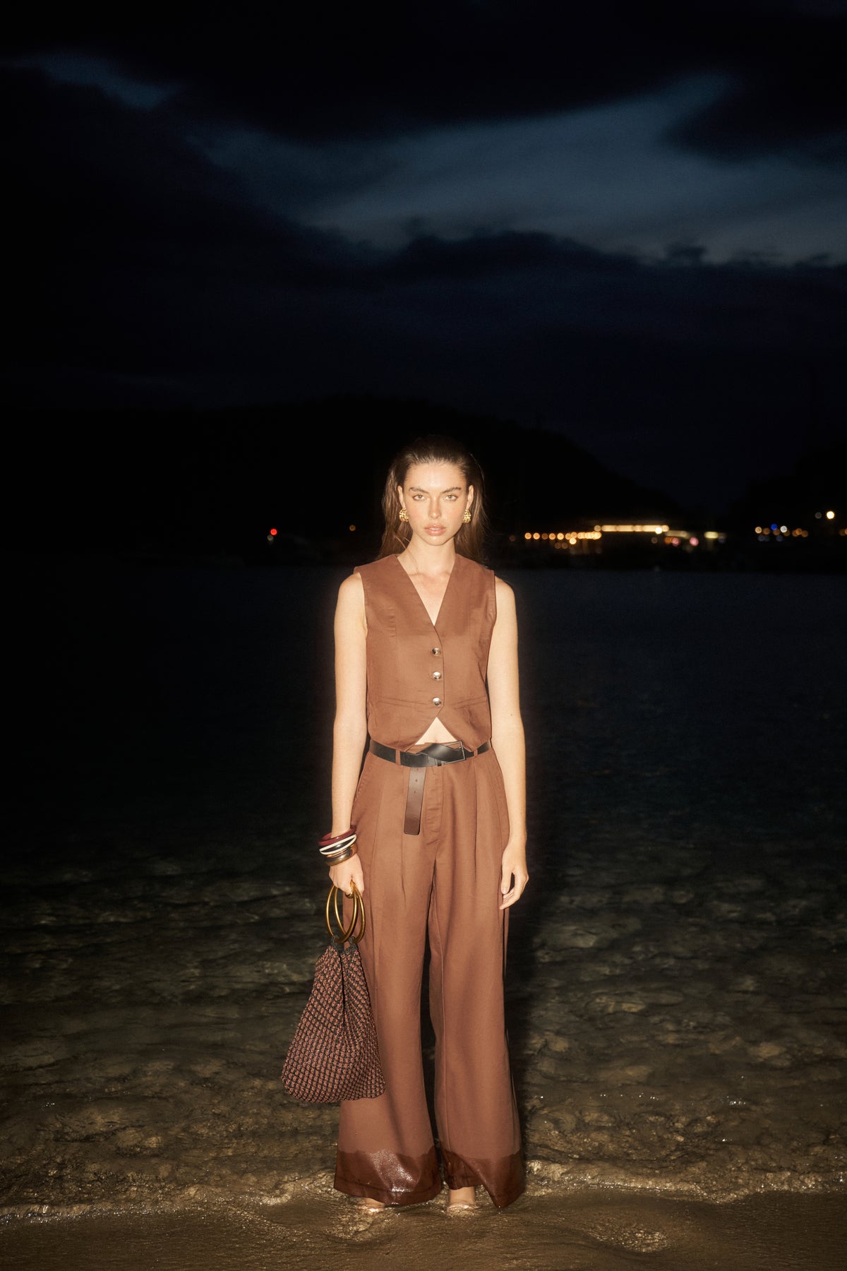LINEN BLEND WIDE LEG PLEATED TROUSERS - CHOCOLATE
