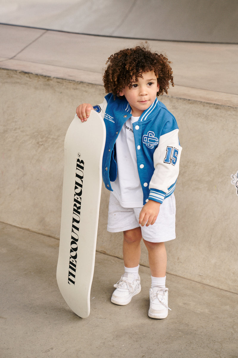 KIDS EMBLEM VARSITY BOMBER JACKET - COBALT