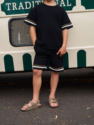 KIDS STRIPE CROCHET KNIT SHORTS - BLACK