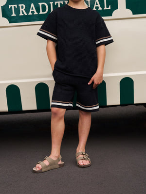 KIDS STRIPE CROCHET KNIT SHORTS - BLACK