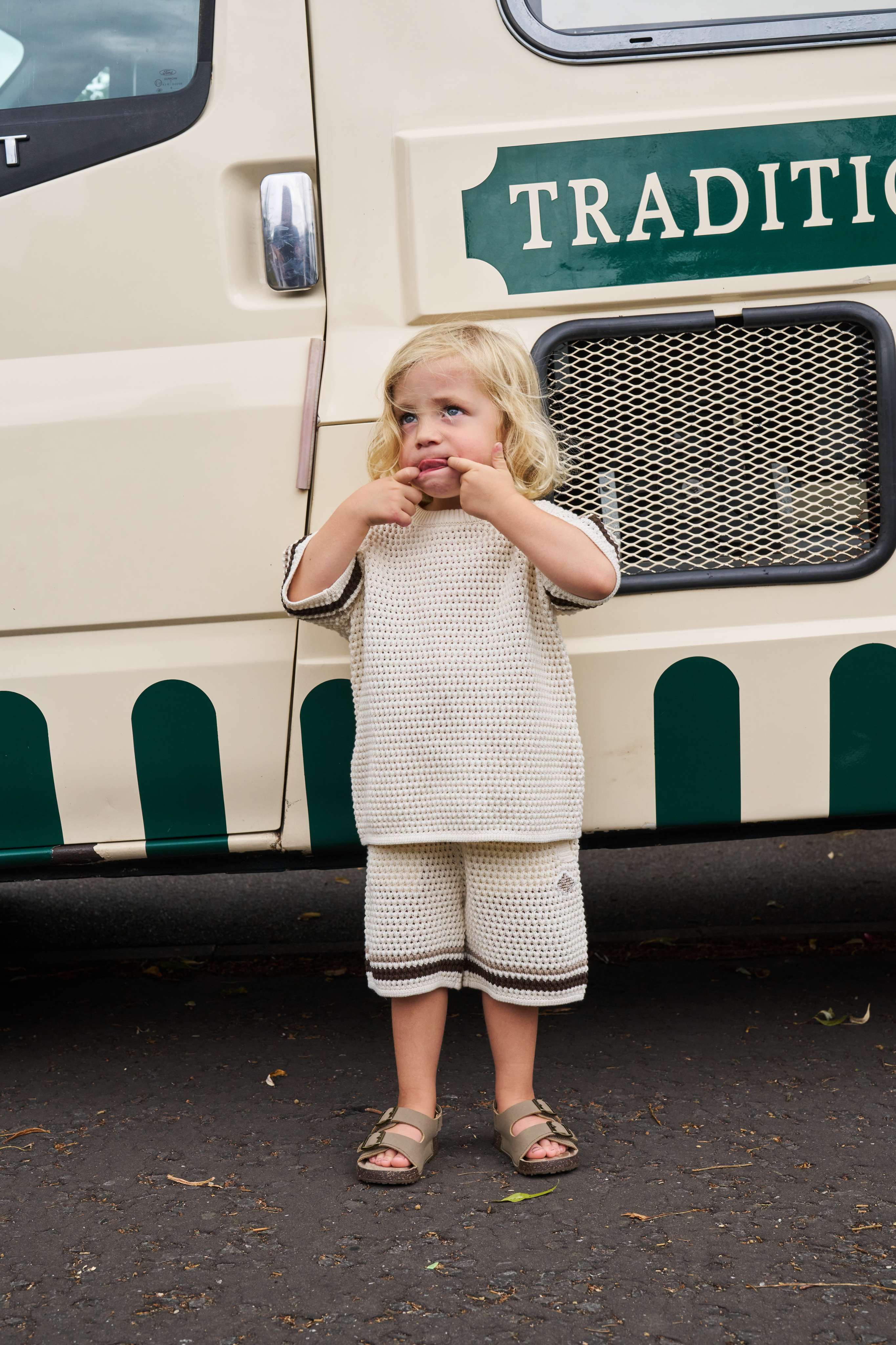 JUNIOR STRIPE CROCHET KNIT T-SHIRT - OFF WHITE