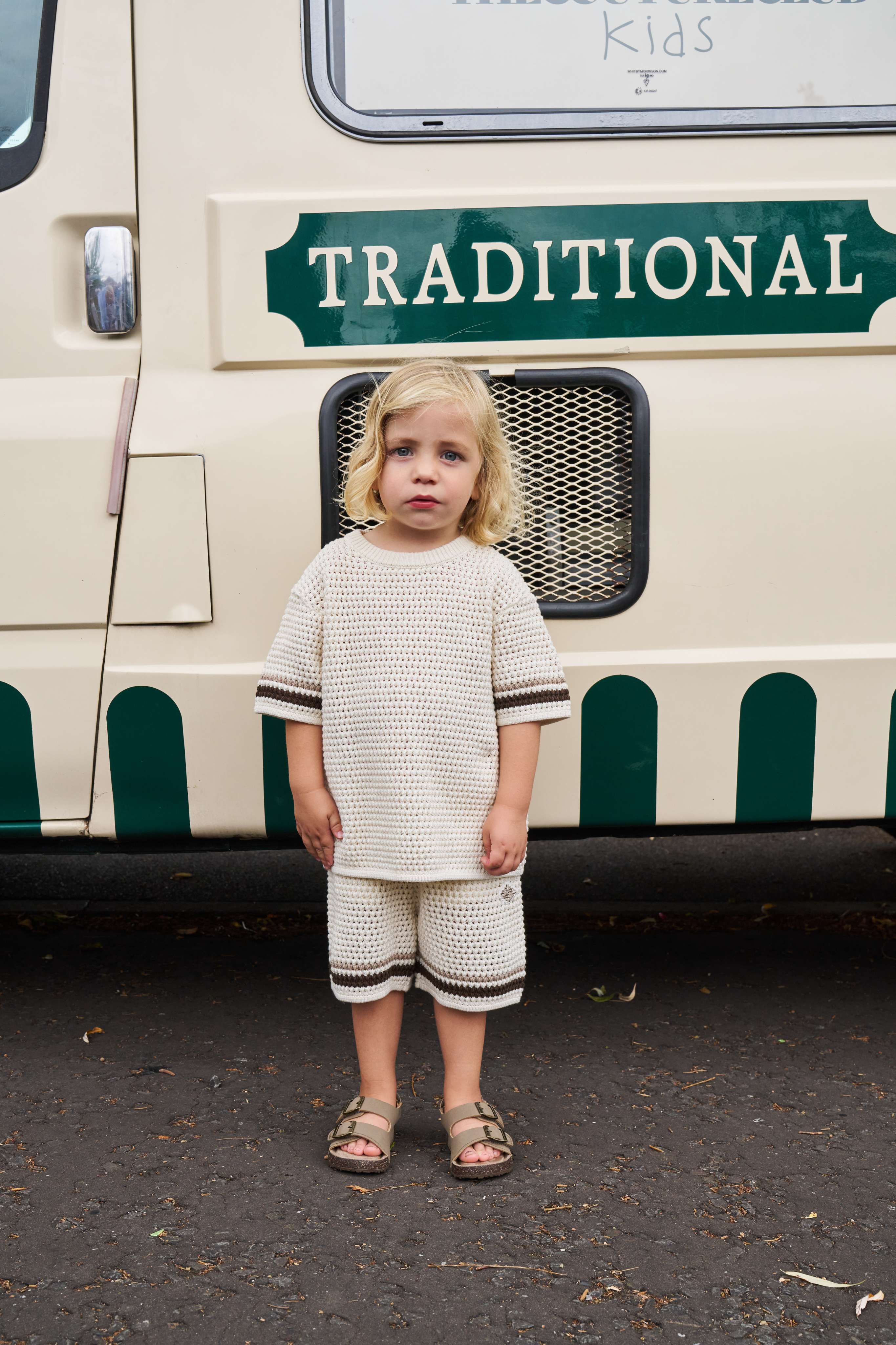 JUNIOR STRIPE CROCHET KNIT T-SHIRT - OFF WHITE