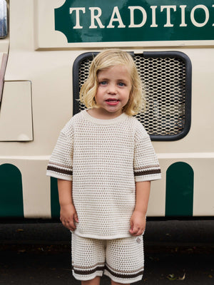 KIDS STRIPE CROCHET KNIT T-SHIRT - OFF WHITE