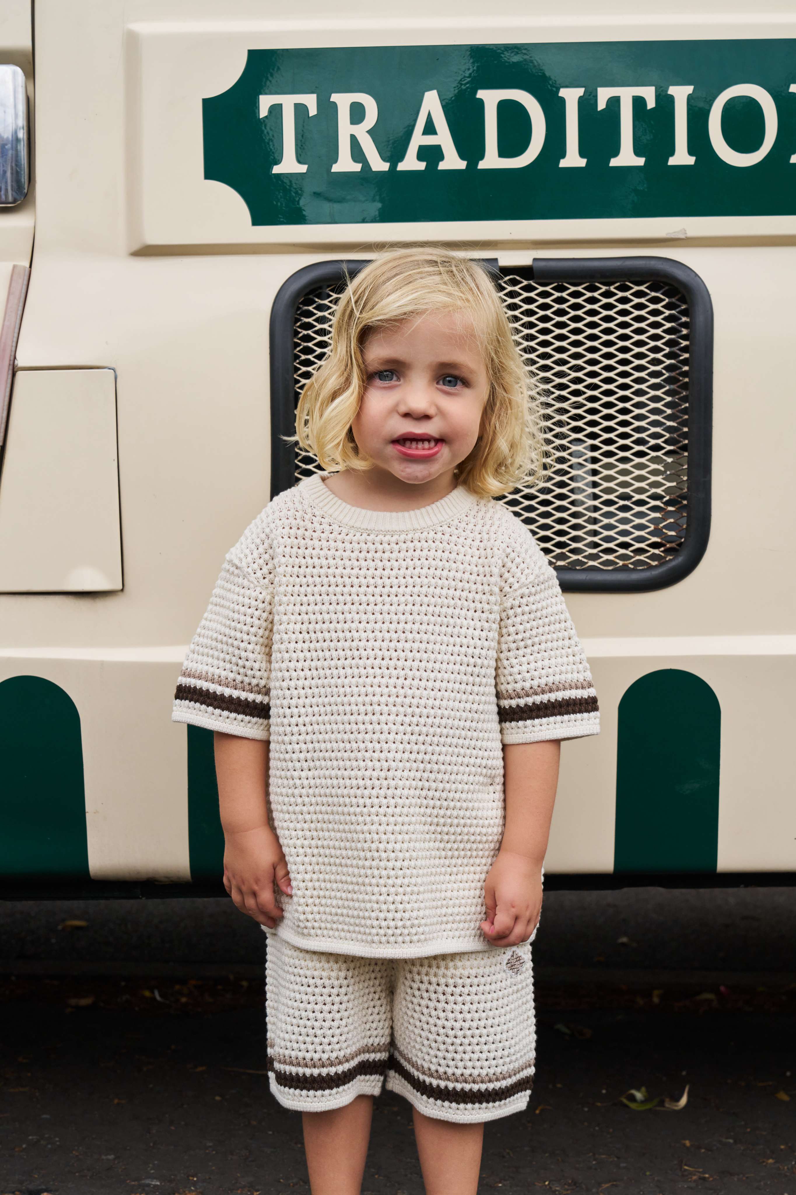 JUNIOR STRIPE CROCHET KNIT T-SHIRT - OFF WHITE