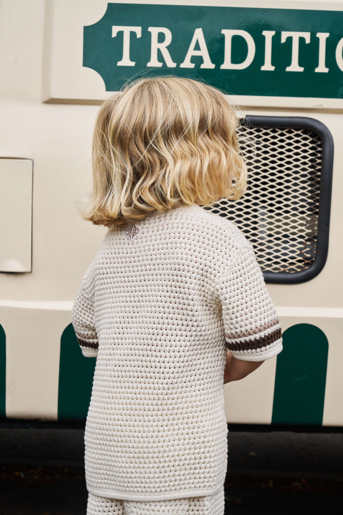 JUNIOR STRIPE CROCHET KNIT T-SHIRT - OFF WHITE