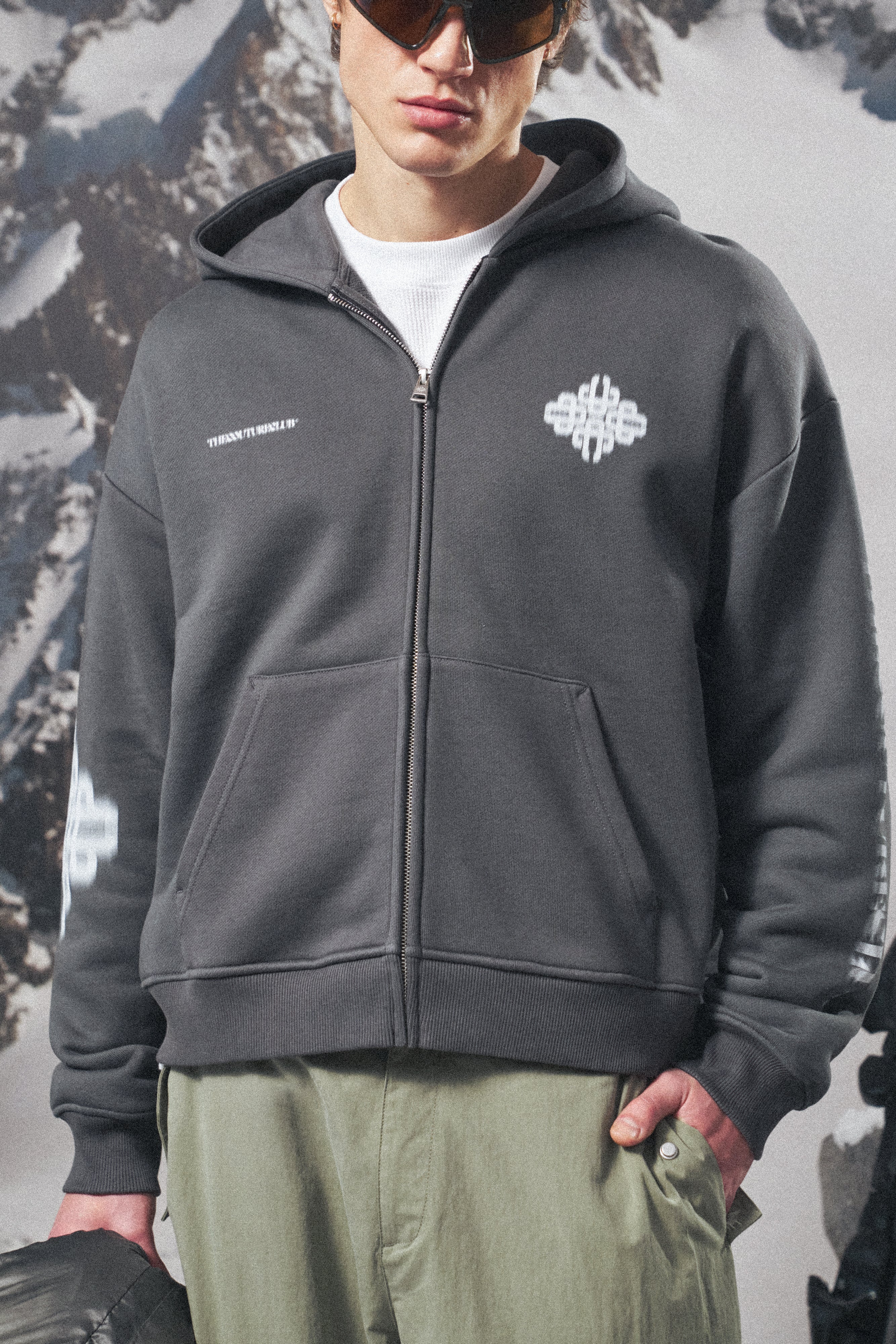 MOTION BLURRED ZIP THROUGH HOODIE - CHARCOAL