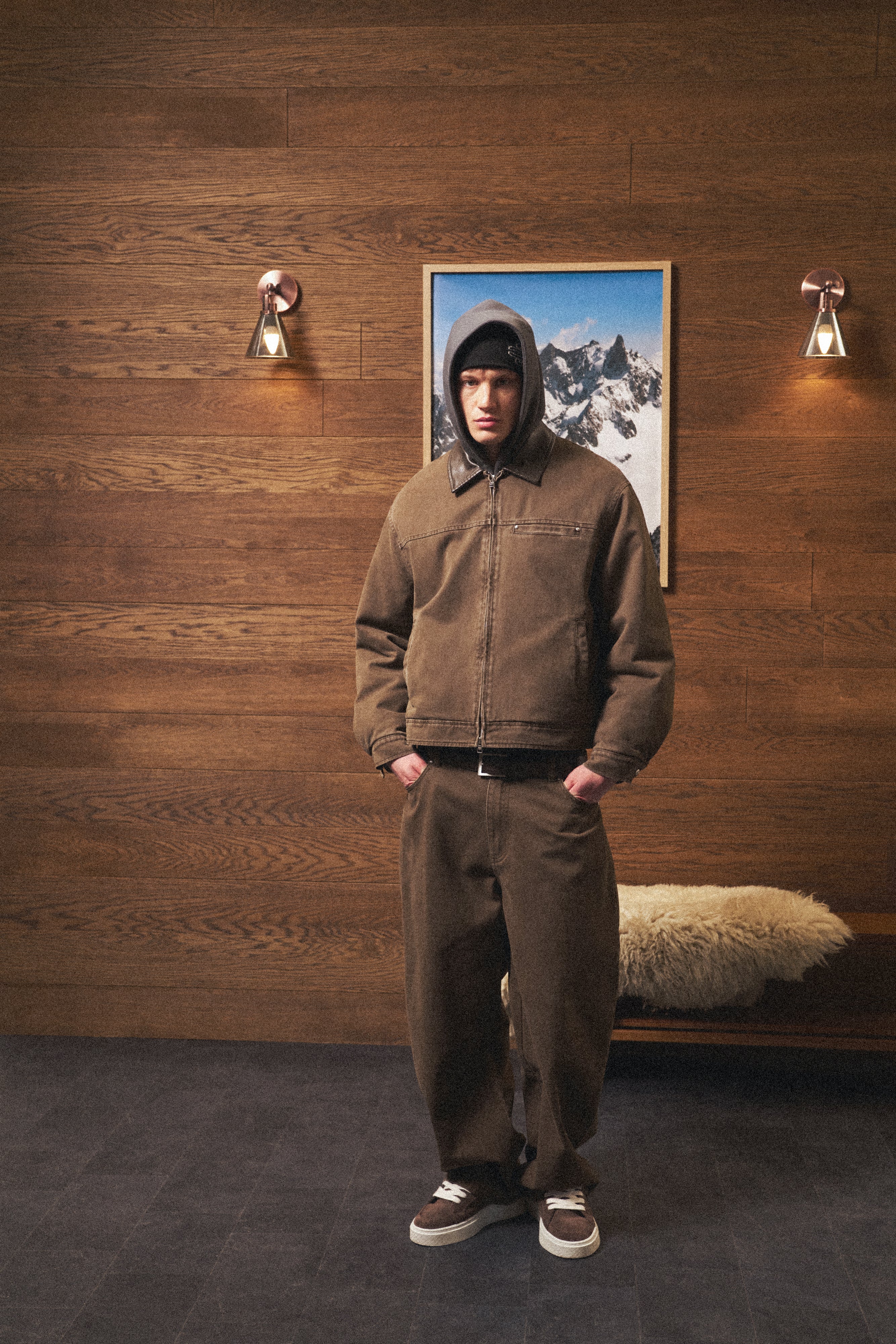 WASHED TWILL PADDED JACKET - BROWN