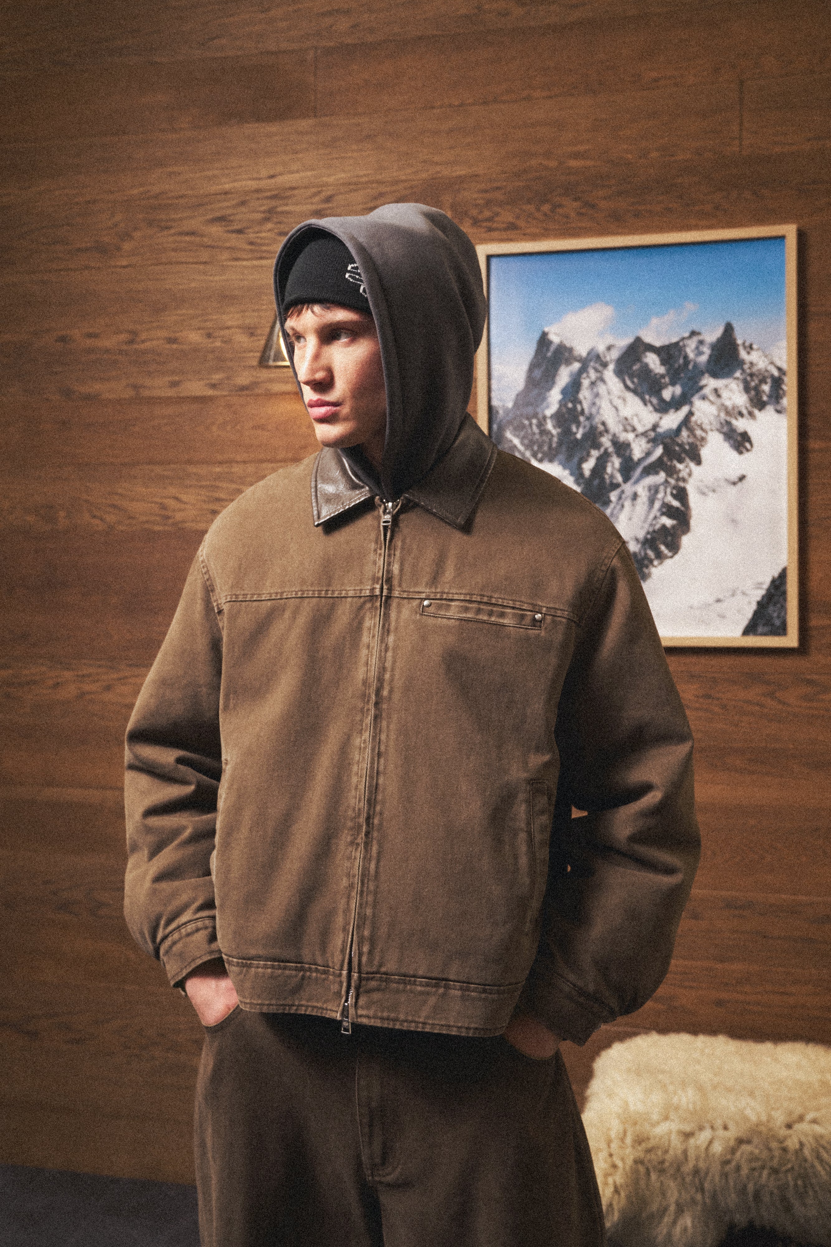 WASHED TWILL PADDED JACKET - BROWN