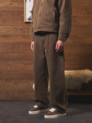 WASHED TWILL BARREL LEG PANTS - BROWN