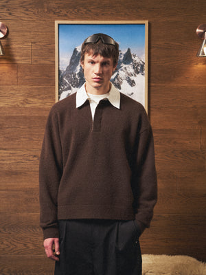 CONTRAST COLLAR KNIT CREW - BROWN