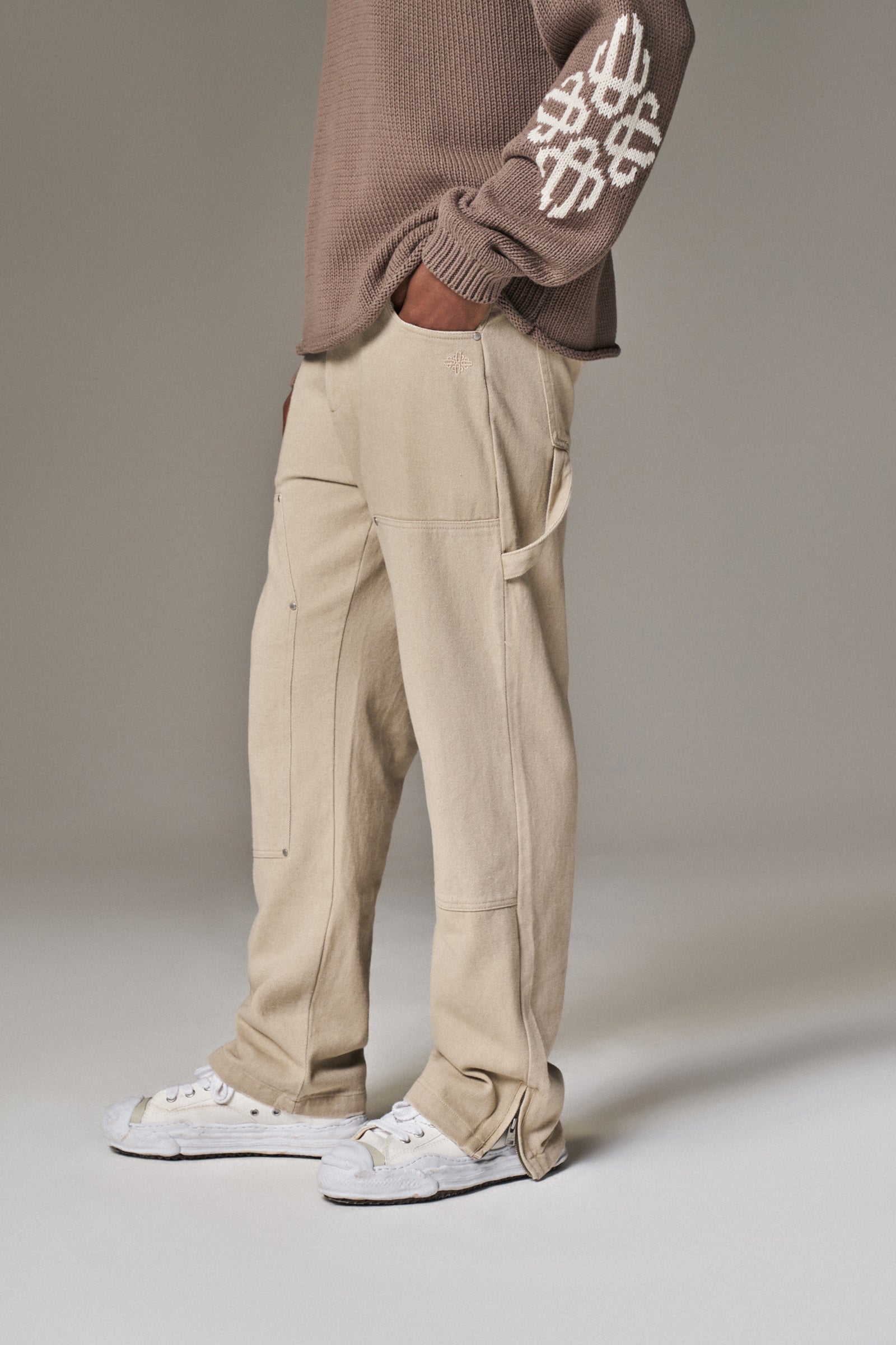 TWILL RIVET DETAIL CARPENTER PANT - BEIGE