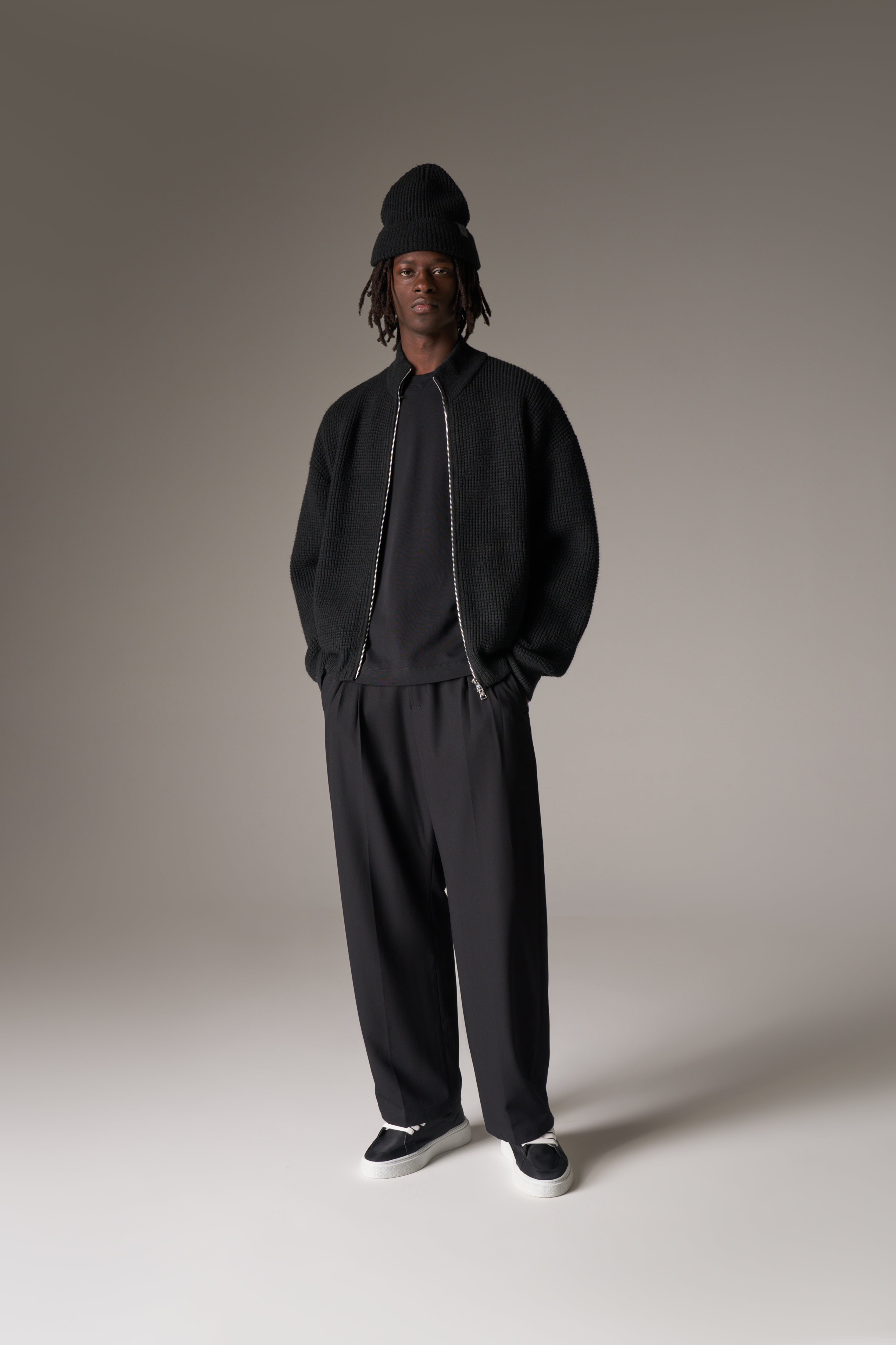 WAFFLE KNIT FUNNEL NECK ZIP THROUGH - BLACK