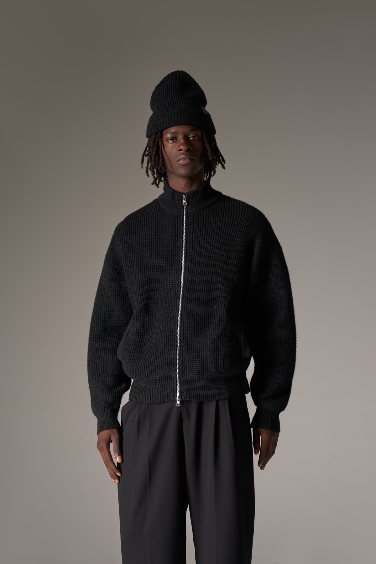 WAFFLE KNIT FUNNEL NECK ZIP THROUGH - BLACK