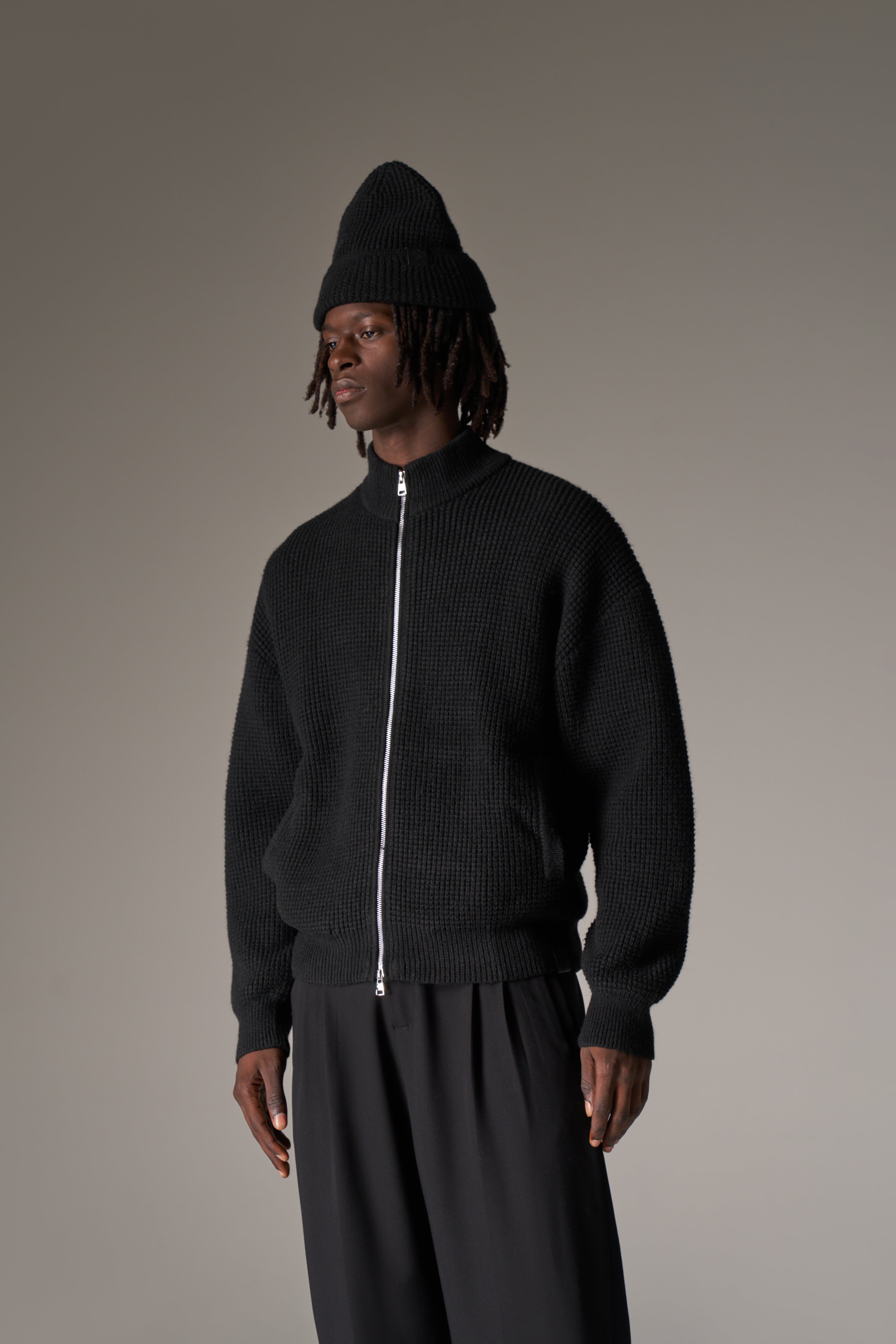 WAFFLE KNIT FUNNEL NECK ZIP THROUGH - BLACK