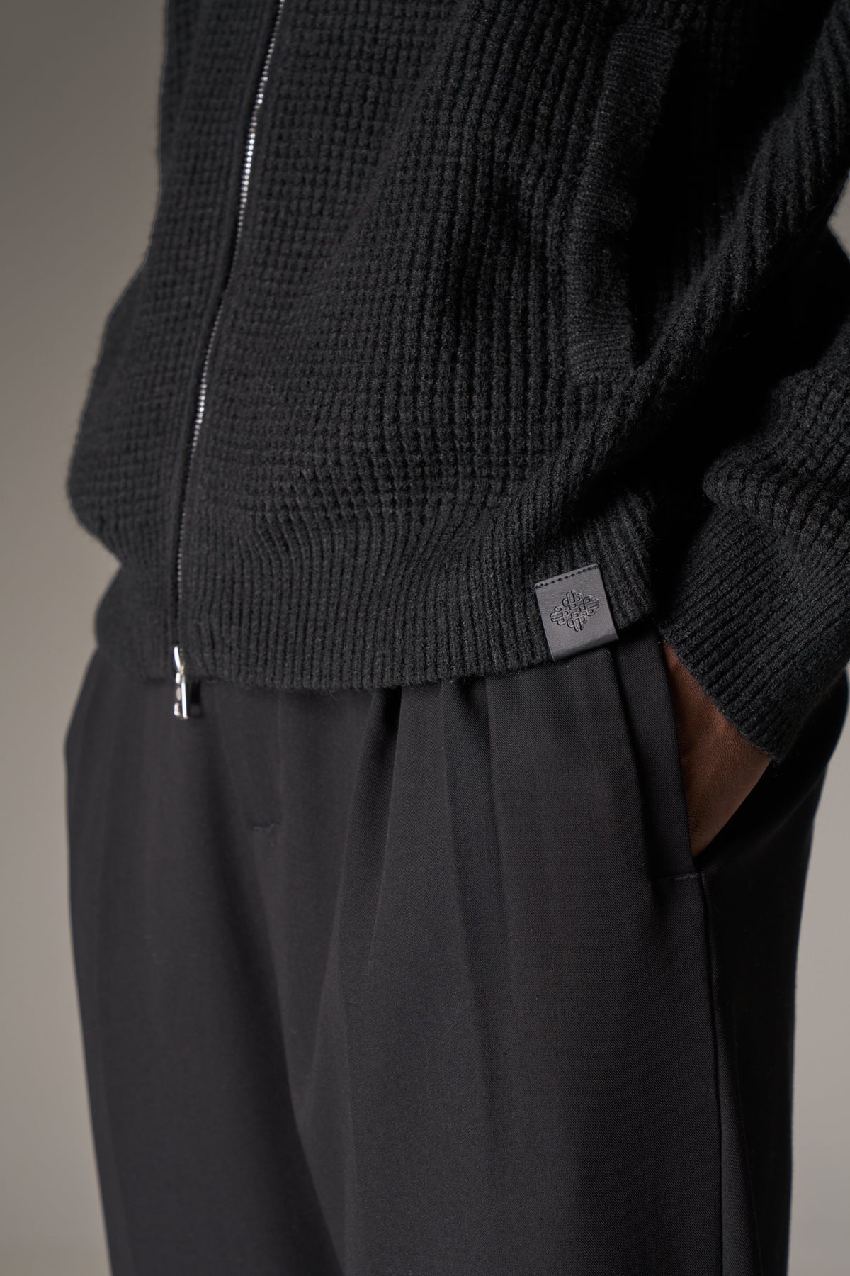 WAFFLE KNIT FUNNEL NECK ZIP THROUGH - BLACK