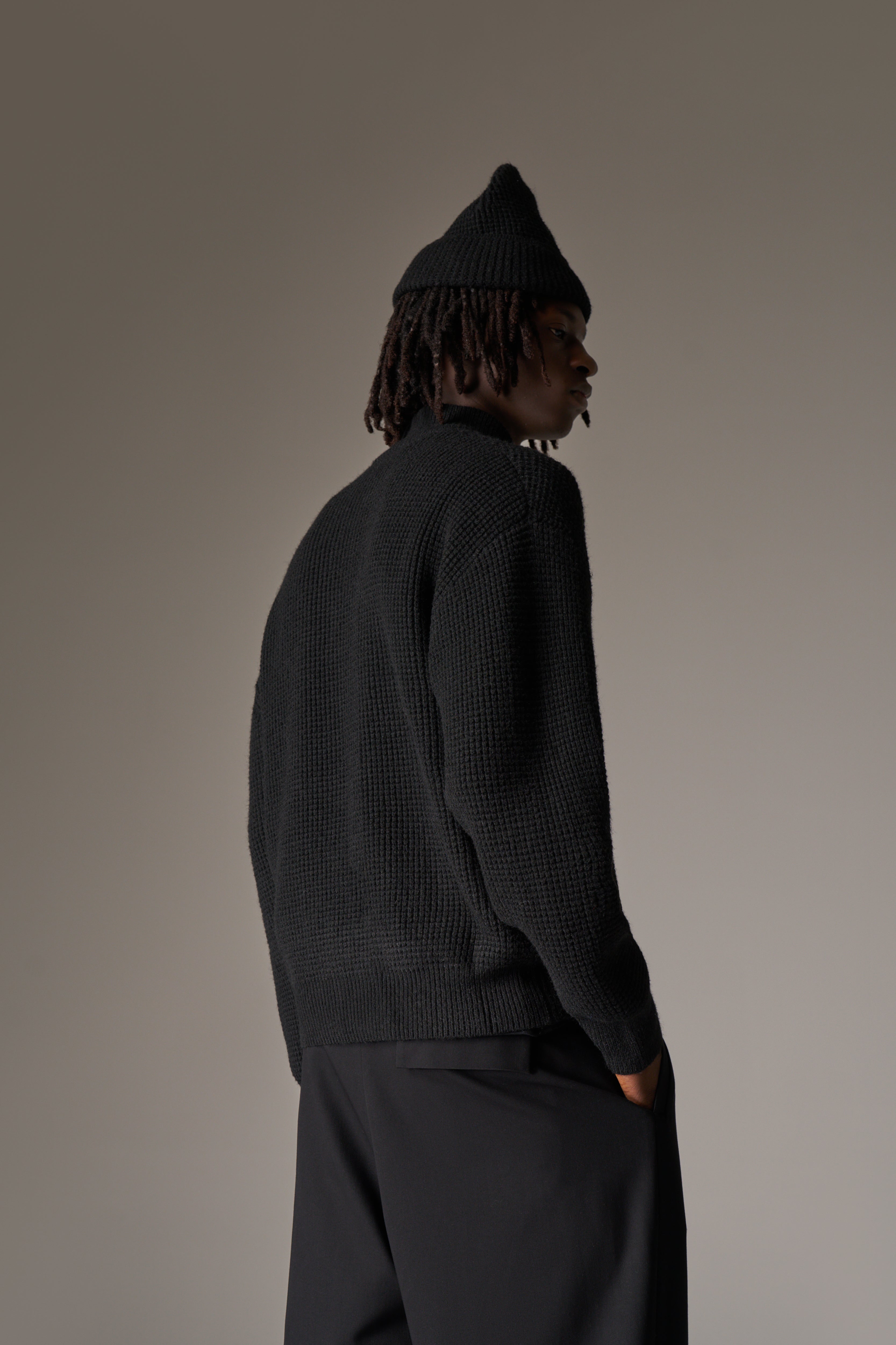 WAFFLE KNIT FUNNEL NECK ZIP THROUGH - BLACK