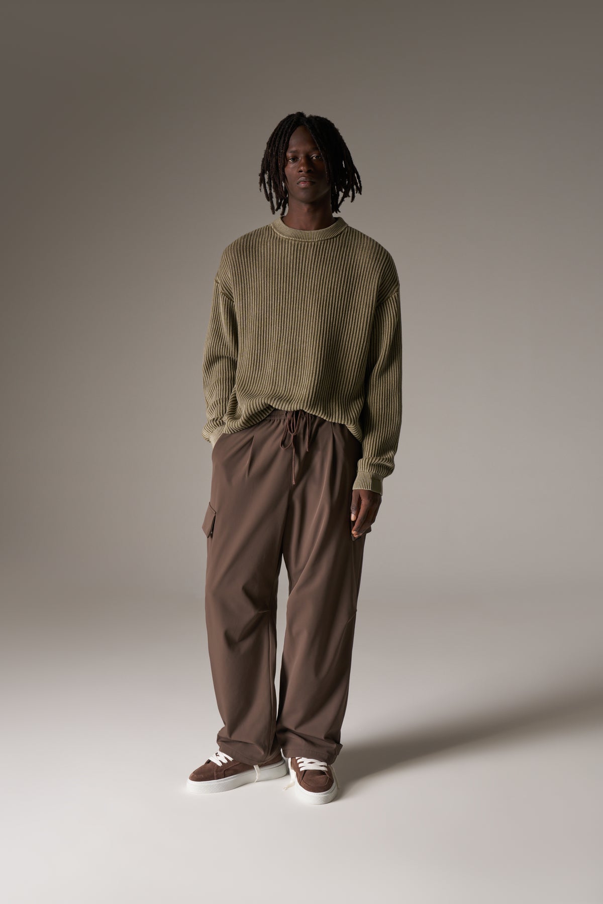 HEAVY WASHED RIBBED KNIT CREW - KHAKI