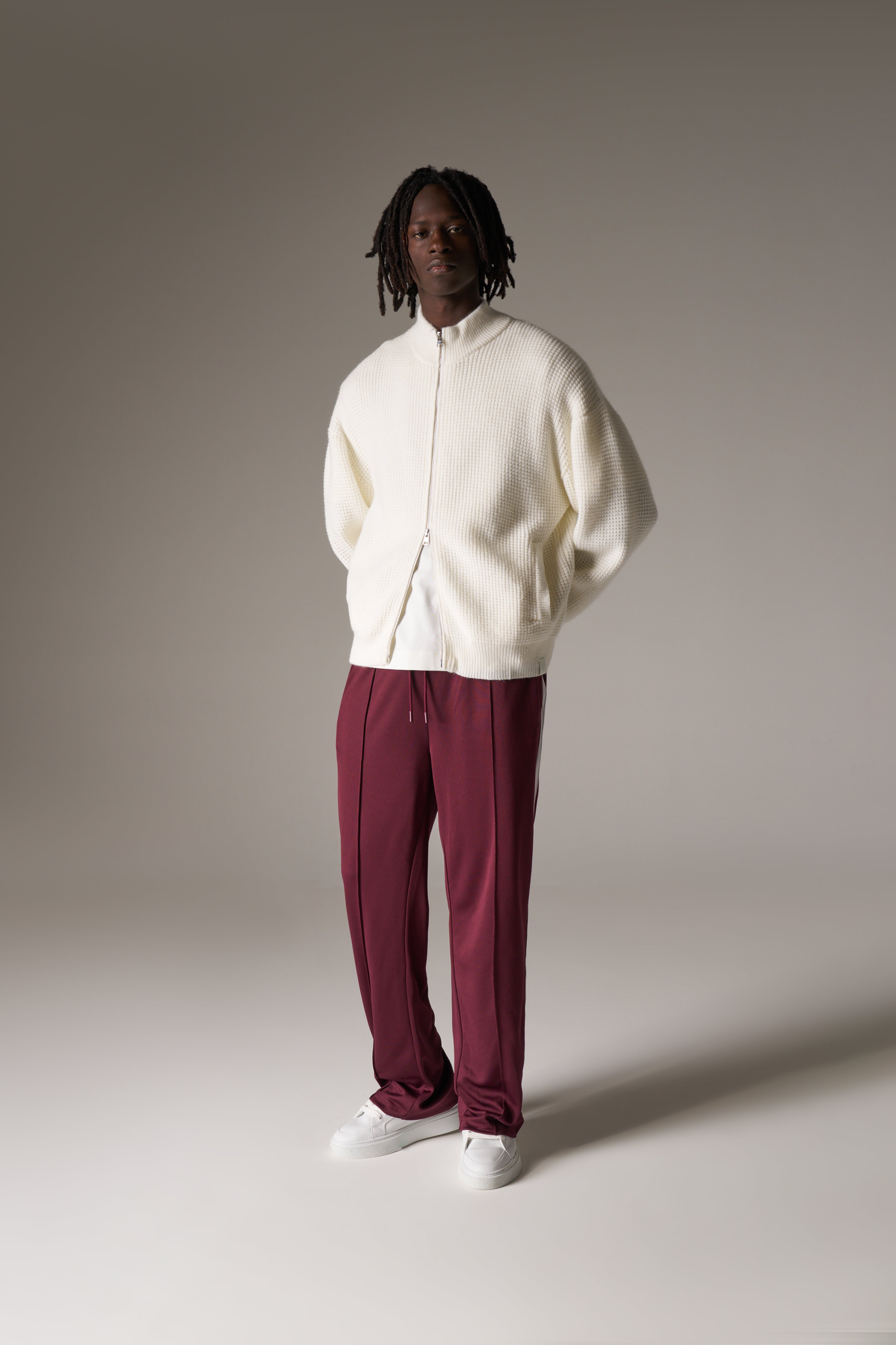 WAFFLE KNIT FUNNEL NECK ZIP THROUGH - WHITE