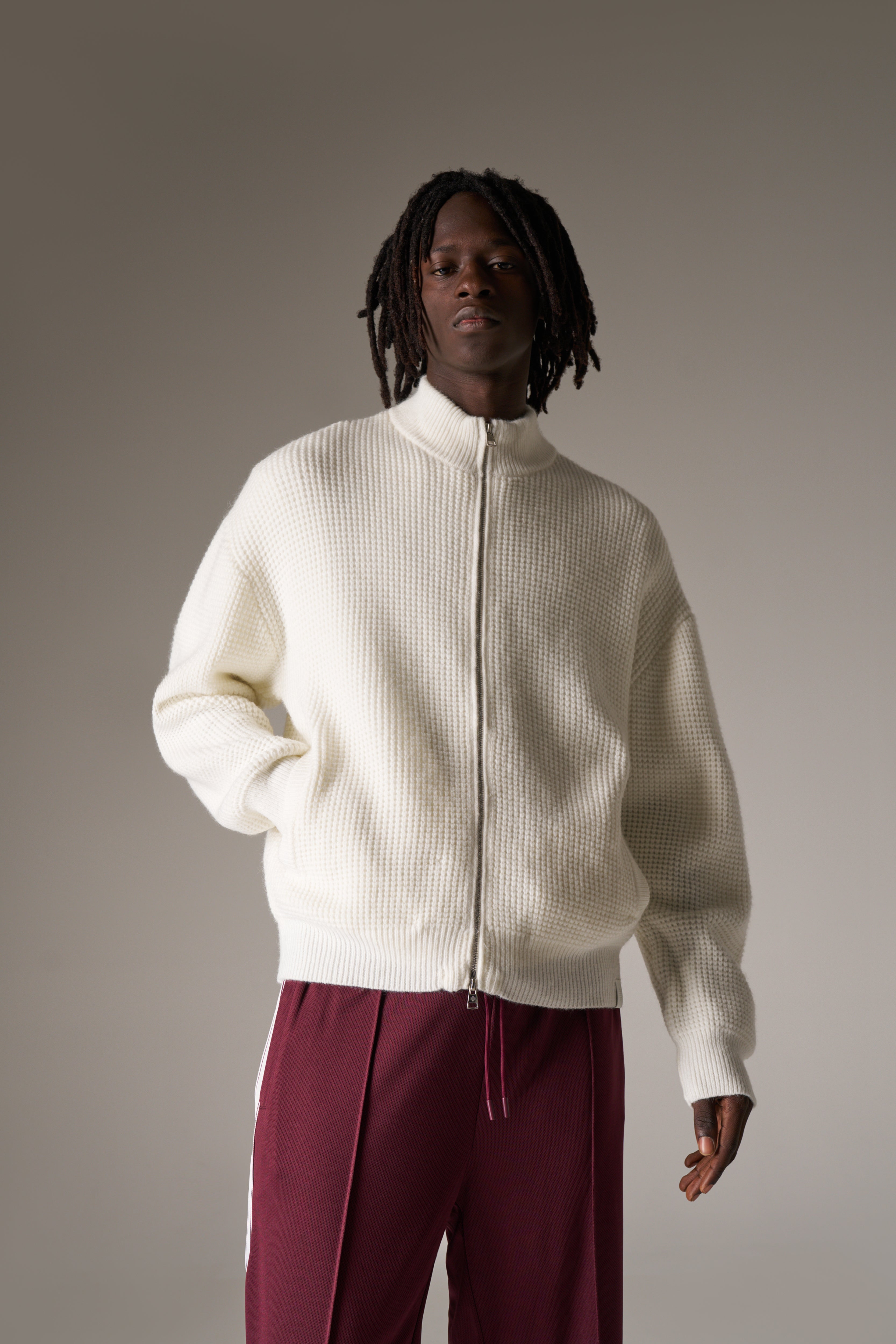WAFFLE KNIT FUNNEL NECK ZIP THROUGH - WHITE