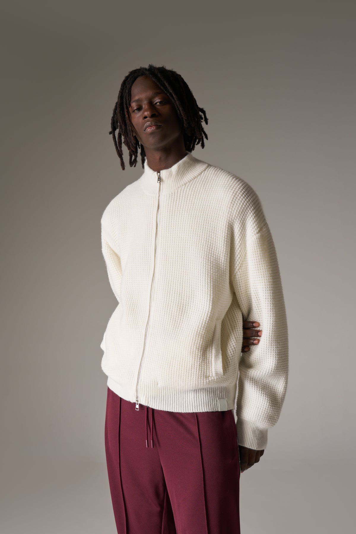 WAFFLE KNIT FUNNEL NECK ZIP THROUGH - WHITE
