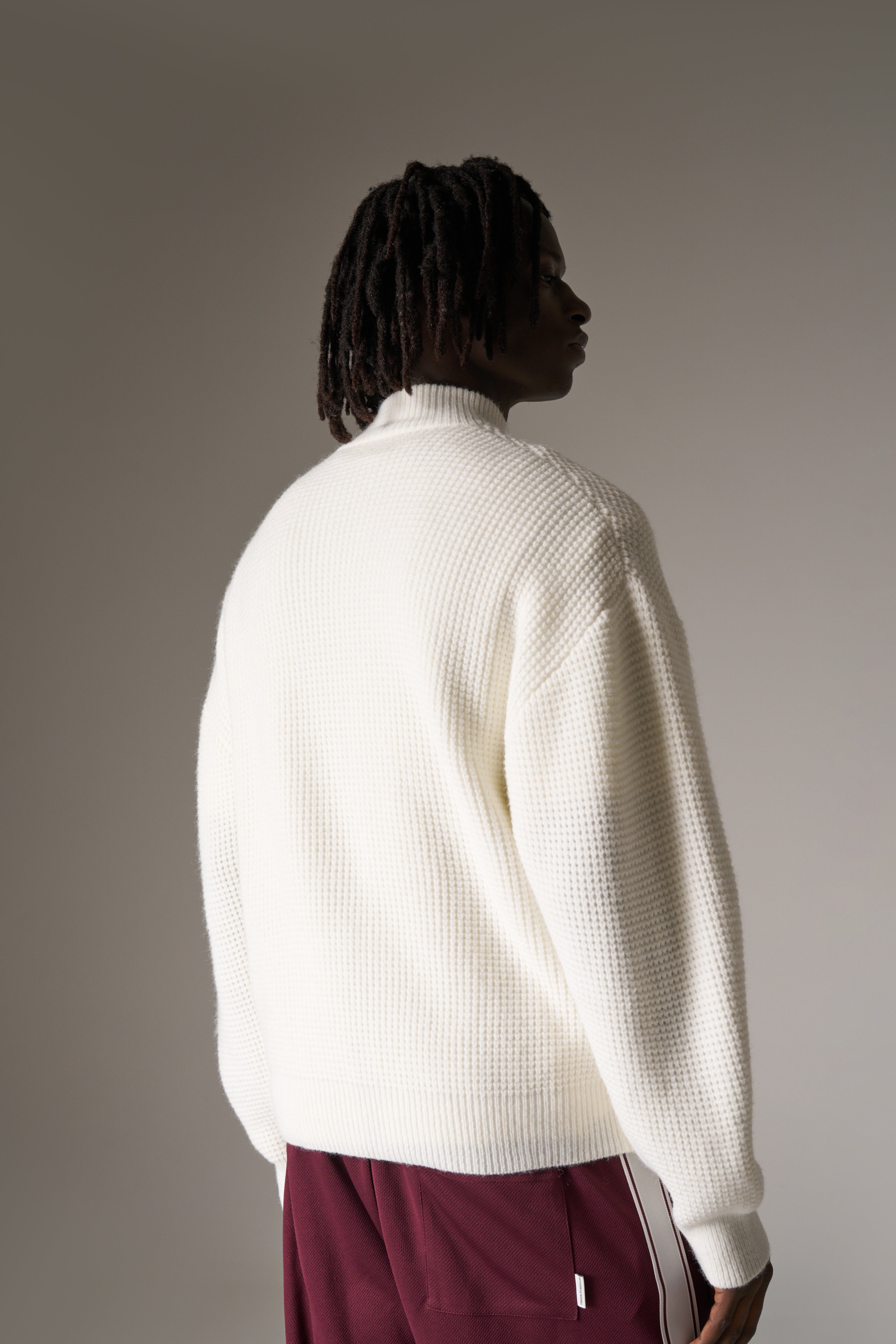 WAFFLE KNIT FUNNEL NECK ZIP THROUGH - WHITE
