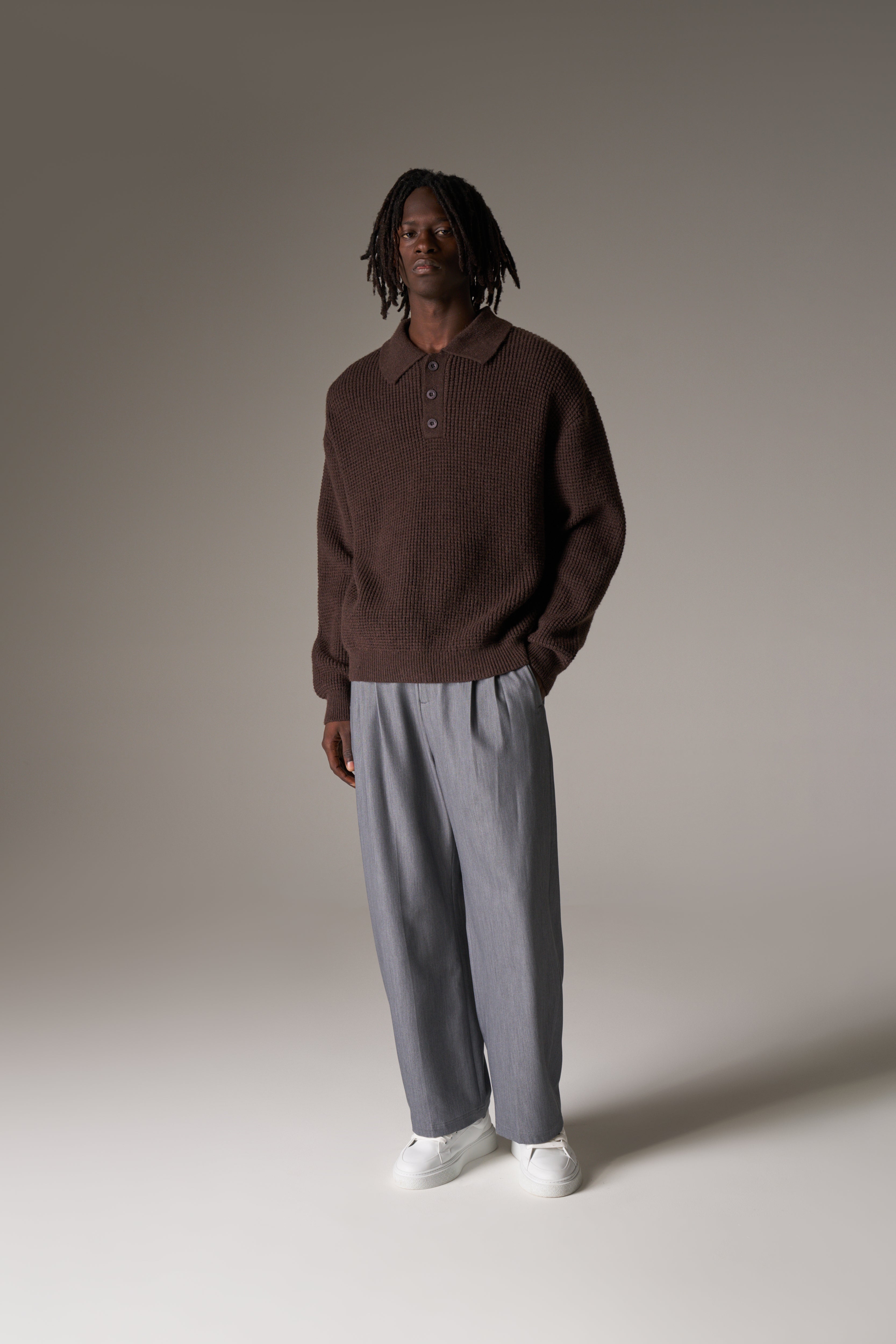 WAFFLE KNIT LONG SLEEVE POLO - BROWN
