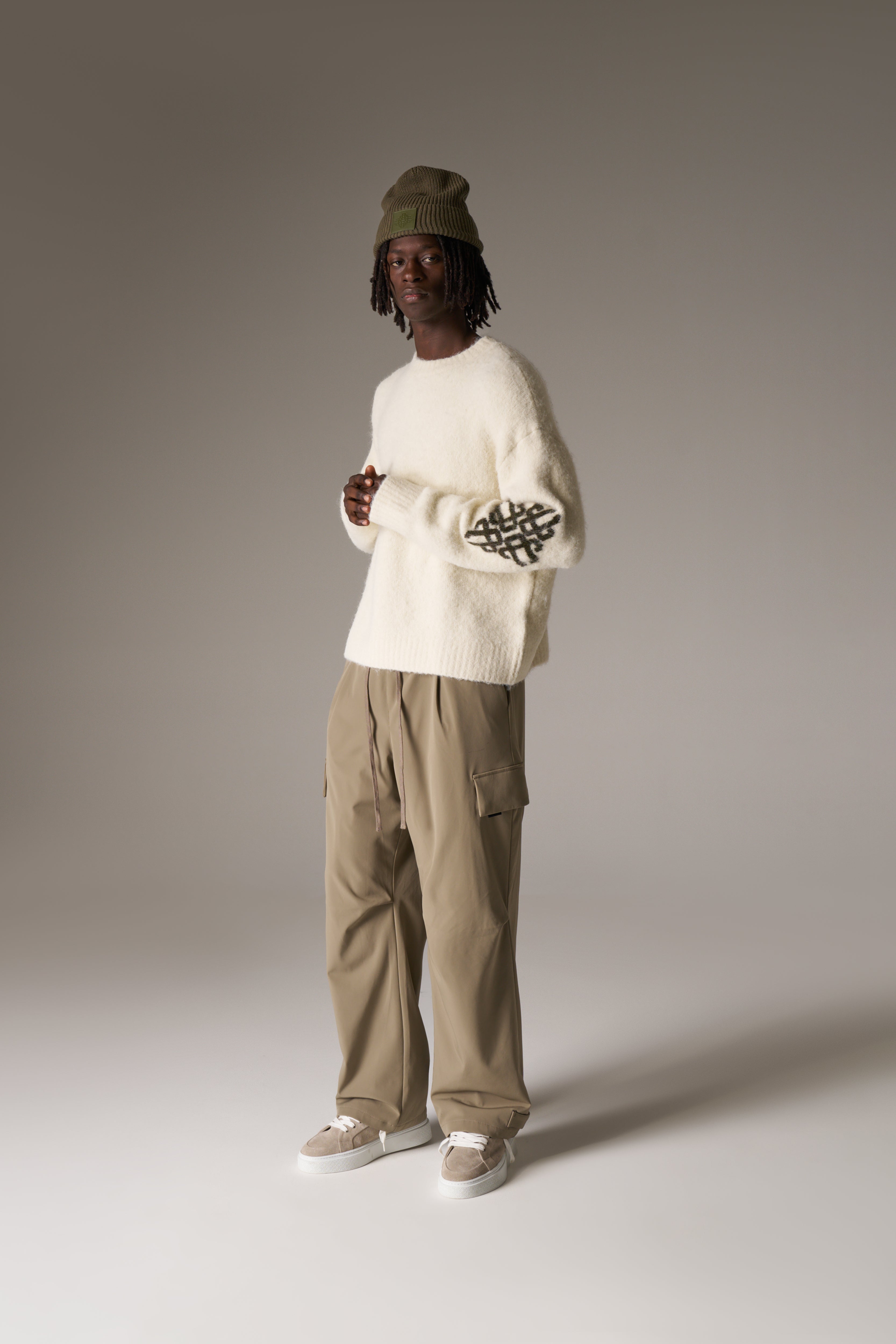 BRUSHED EMBLEM SLEEVE KNITTED CREW - OFF WHITE
