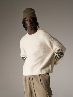 BRUSHED EMBLEM SLEEVE KNITTED CREW - OFF WHITE