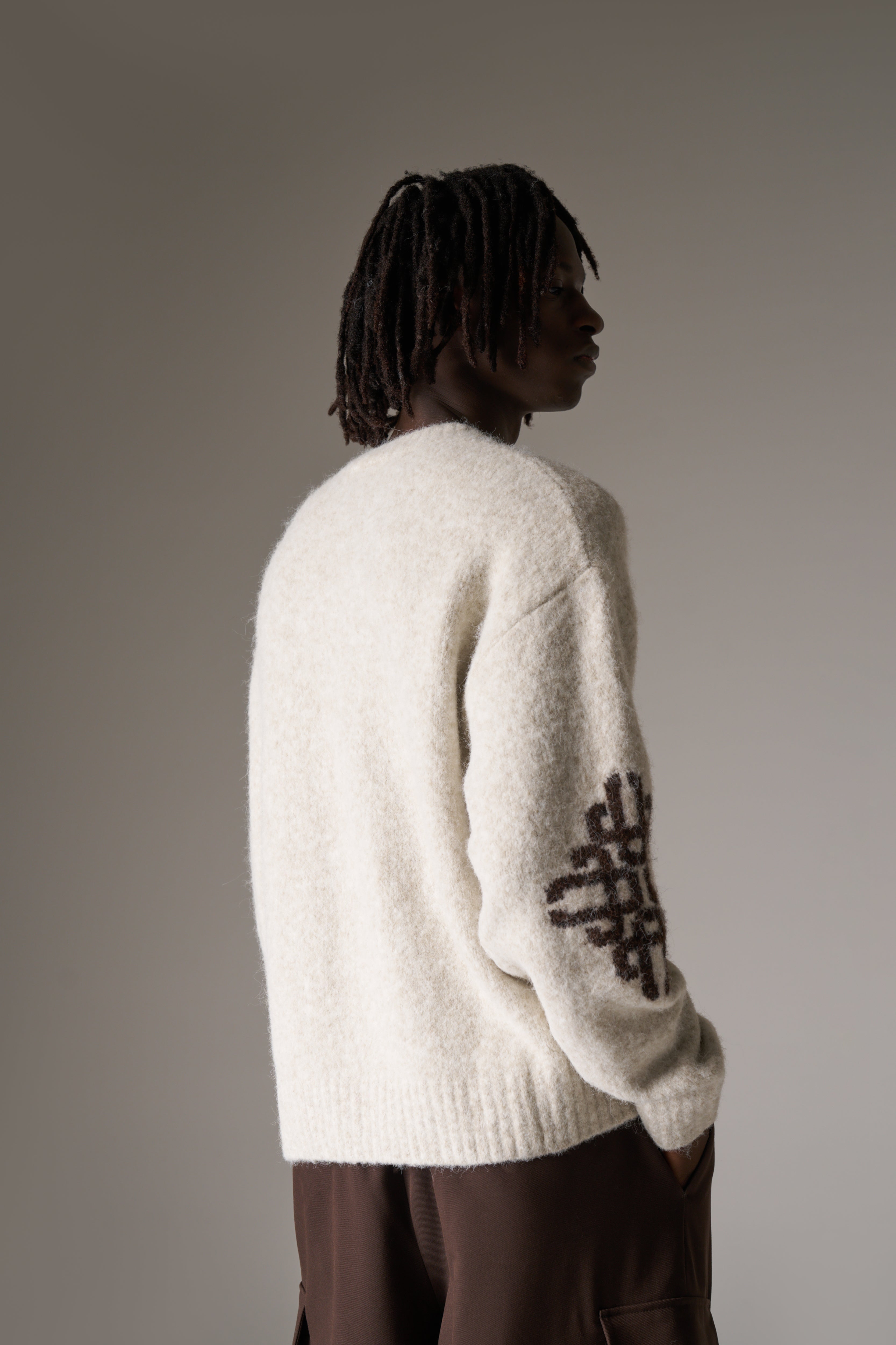 BRUSHED EMBLEM SLEEVE KNITTED CREW - BEIGE