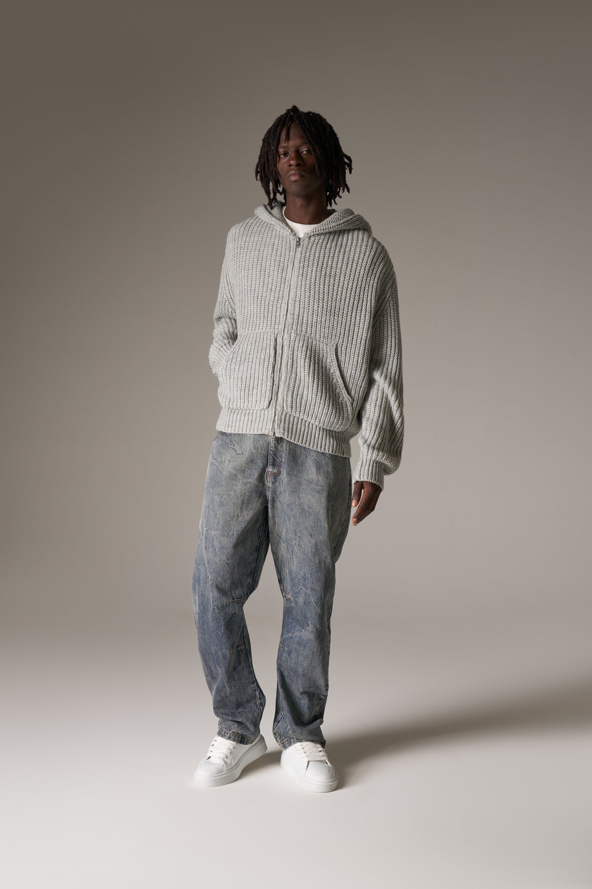 HEAVY RIB KNITTED ZIP THROUGH HOODIE - GREY MARL
