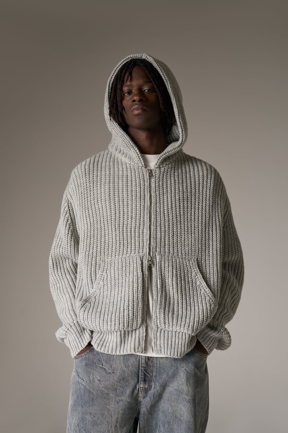 HEAVY RIB KNITTED ZIP THROUGH HOODIE - GREY MARL