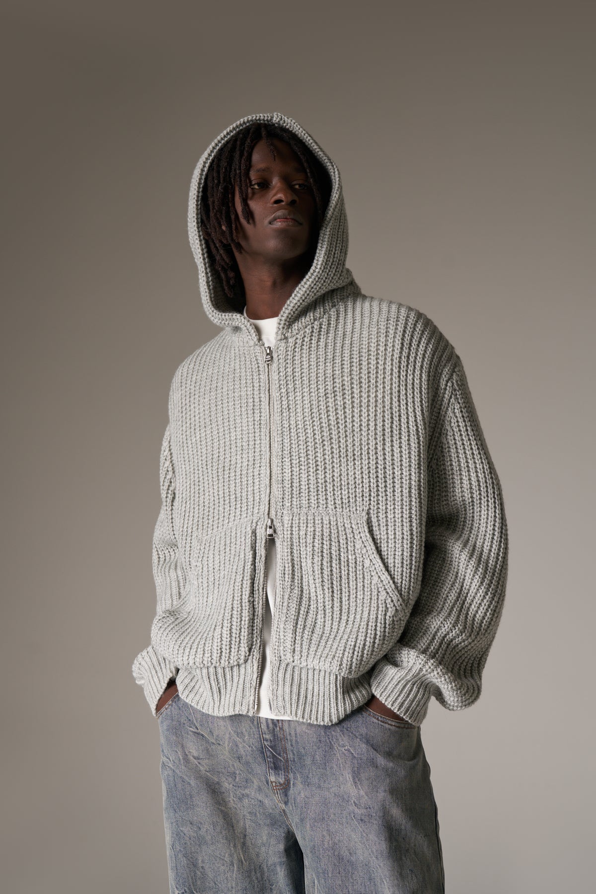 HEAVY RIB KNITTED ZIP THROUGH HOODIE - GREY MARL