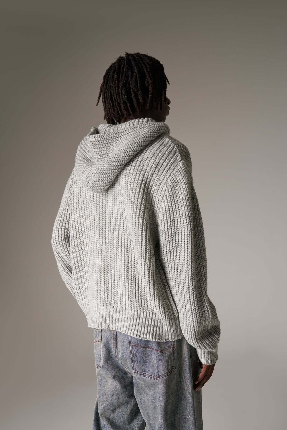 HEAVY RIB KNITTED ZIP THROUGH HOODIE - GREY MARL