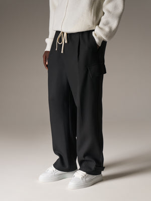 PLEATED WIDE LEG WOOL BLEND TROUSERS - BLACK