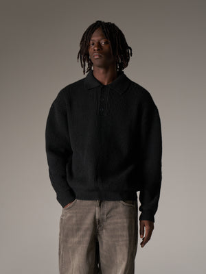 WAFFLE KNIT LONG SLEEVE POLO - BLACK