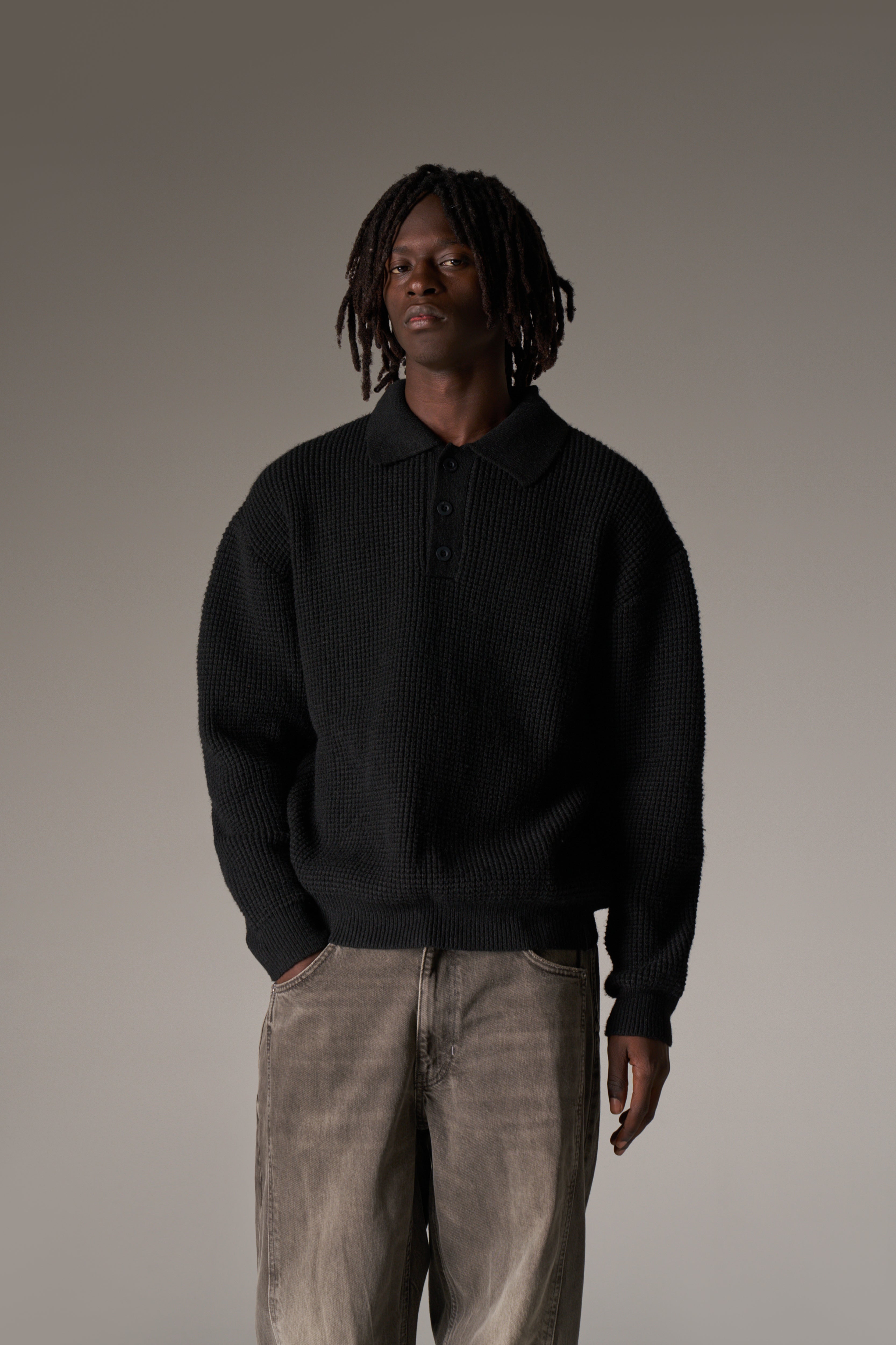 WAFFLE KNIT LONG SLEEVE POLO - BLACK