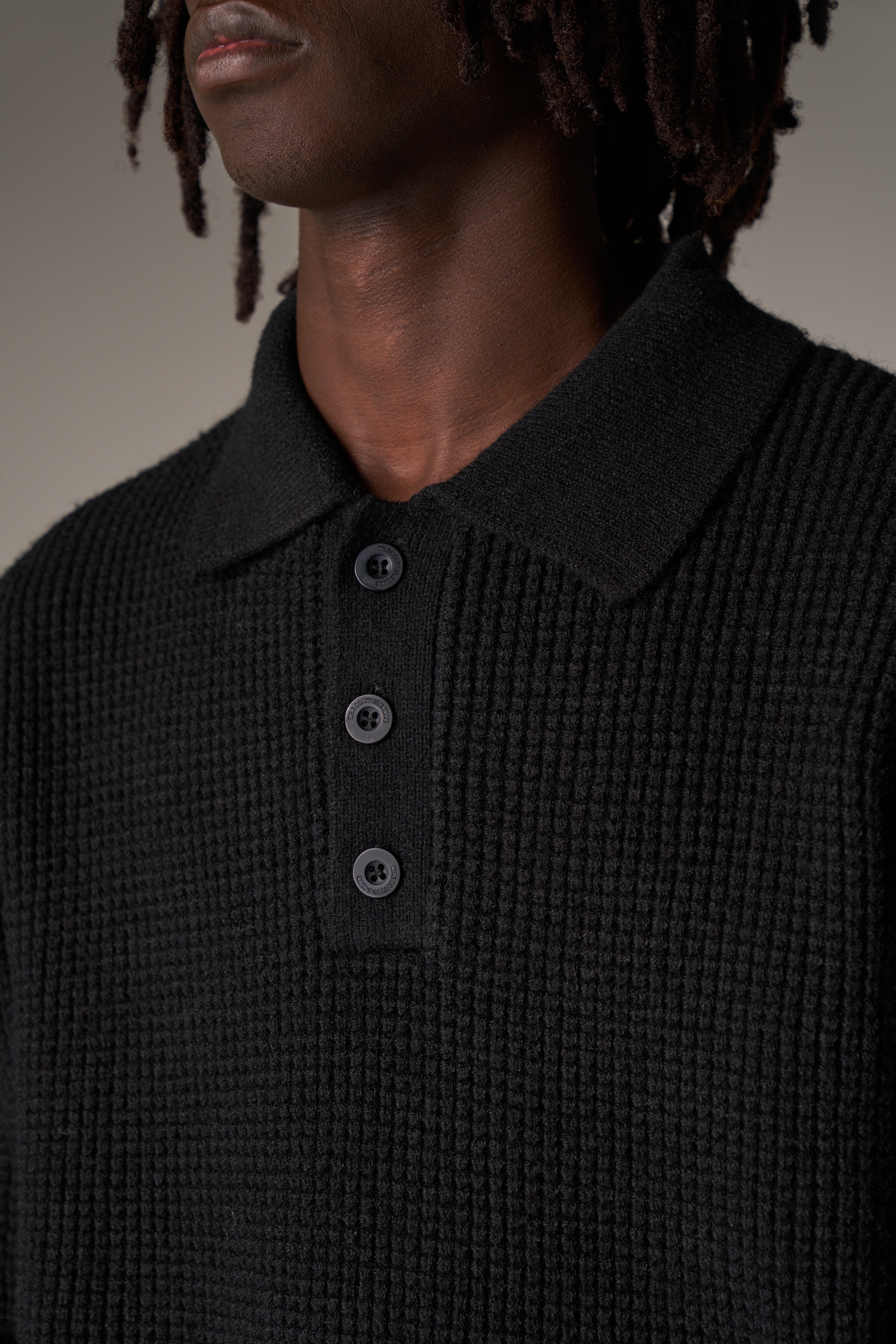 WAFFLE KNIT LONG SLEEVE POLO - BLACK